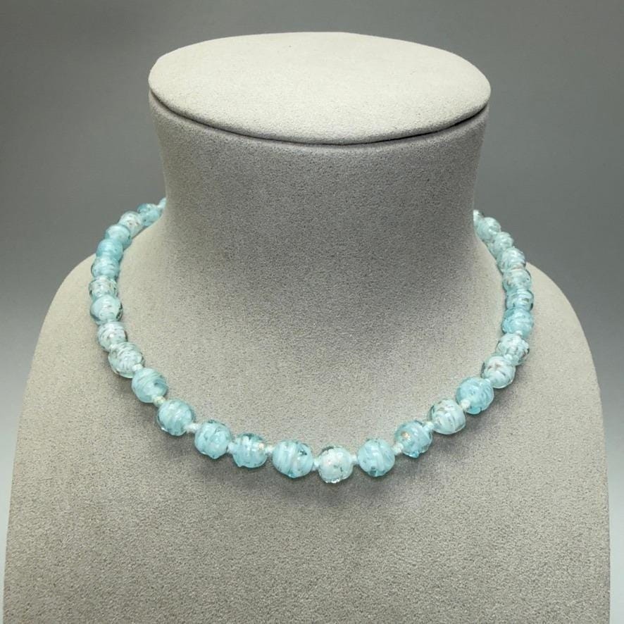 VTG Light Blue Venetian Glass Bead Necklace 16″ Gold Flecks Aventurine Choker