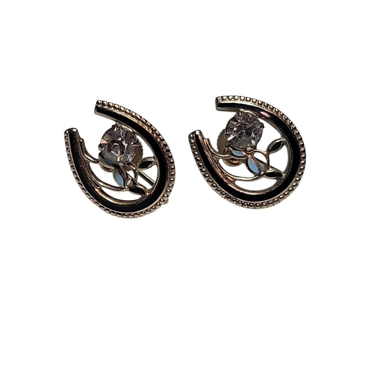 Vintage Black Enamel Rhinestone Screwback Earrings Gold Tone Floral 1/2 Inch