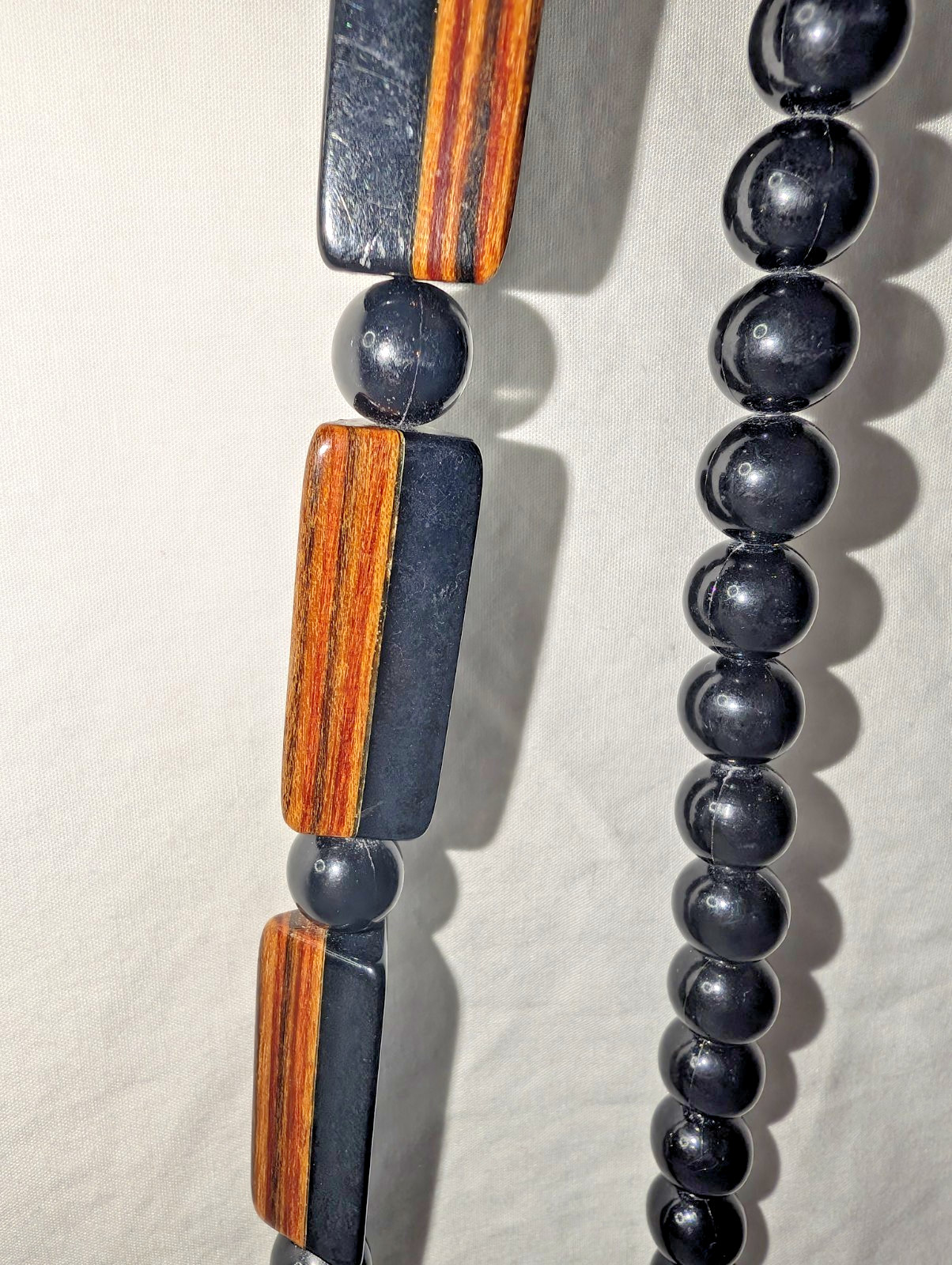 Vintage Lucite and Wood Statement Beaded Necklace Black Brown Laminated Triangle