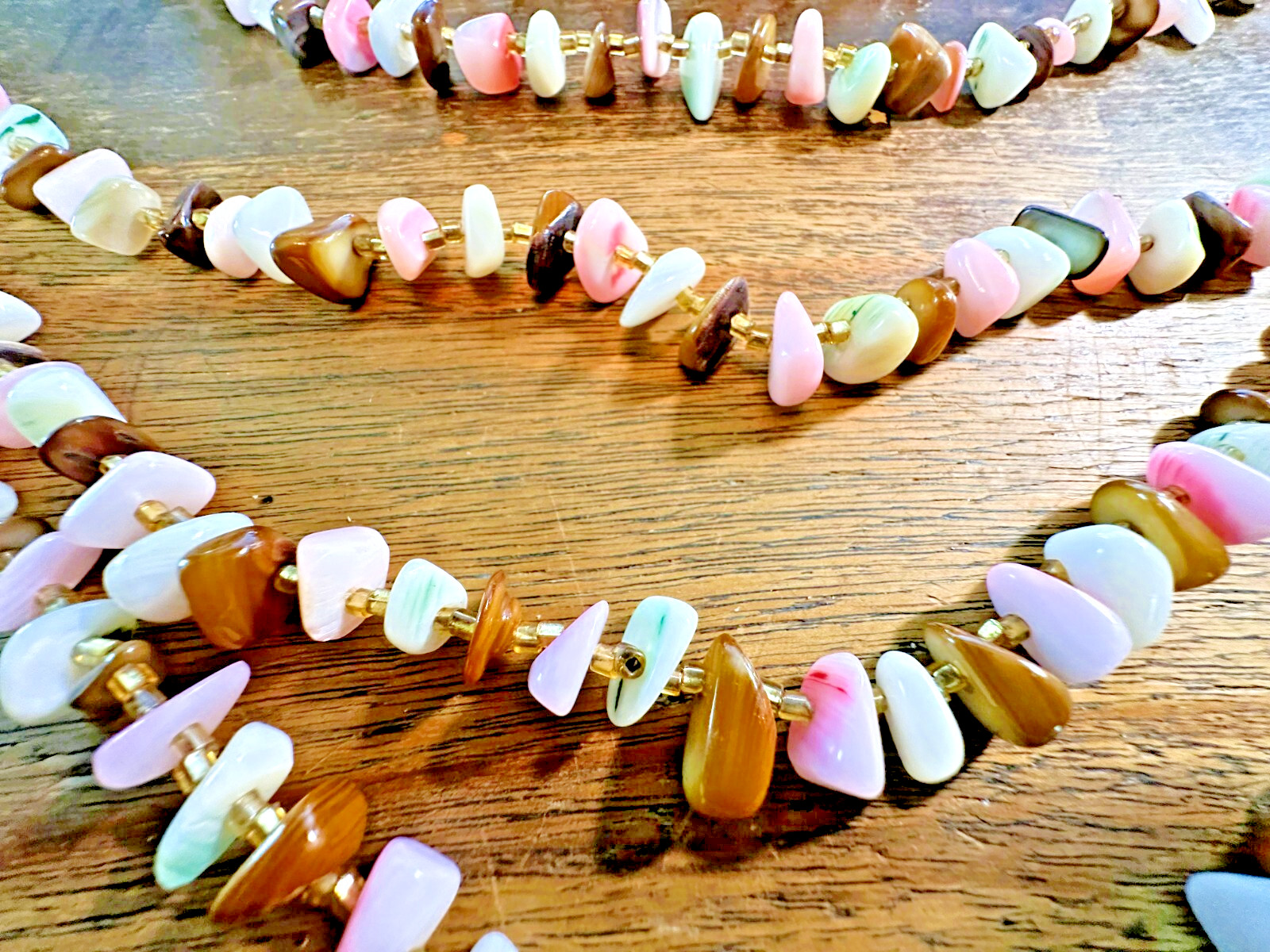 Vintage PUKA Style STONE Necklace 5 STRAND Tiger’s Eye & Pink Rose White Pastels
