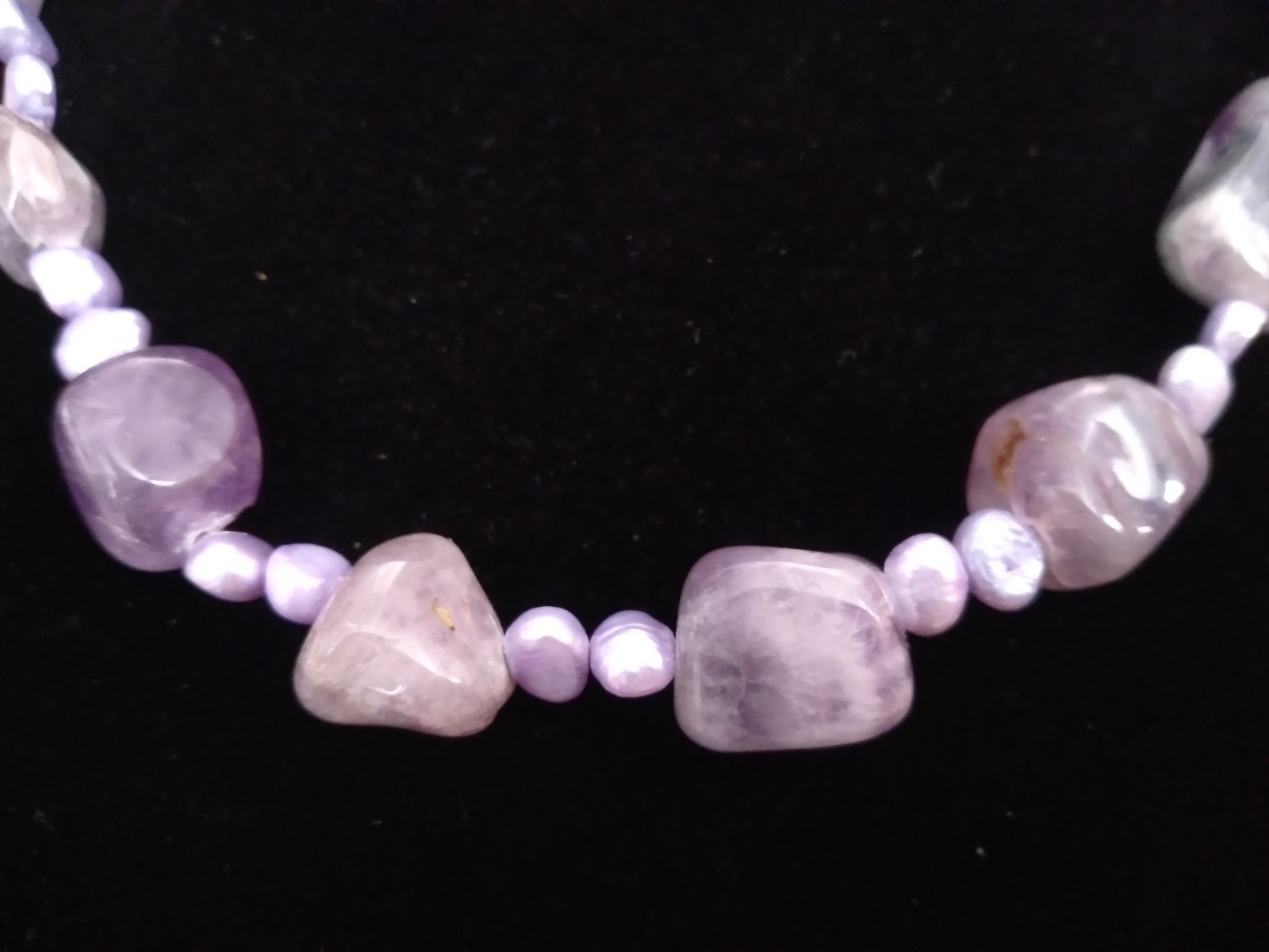 Amethyst & Pearl Necklace 14 Inches Silver Clasp Vintage Natural Stone