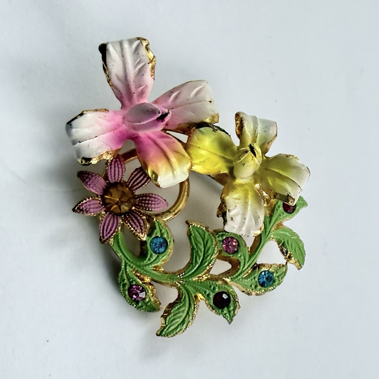 Vintage Enameled Rhinestone Flower Brooch Made in Austria