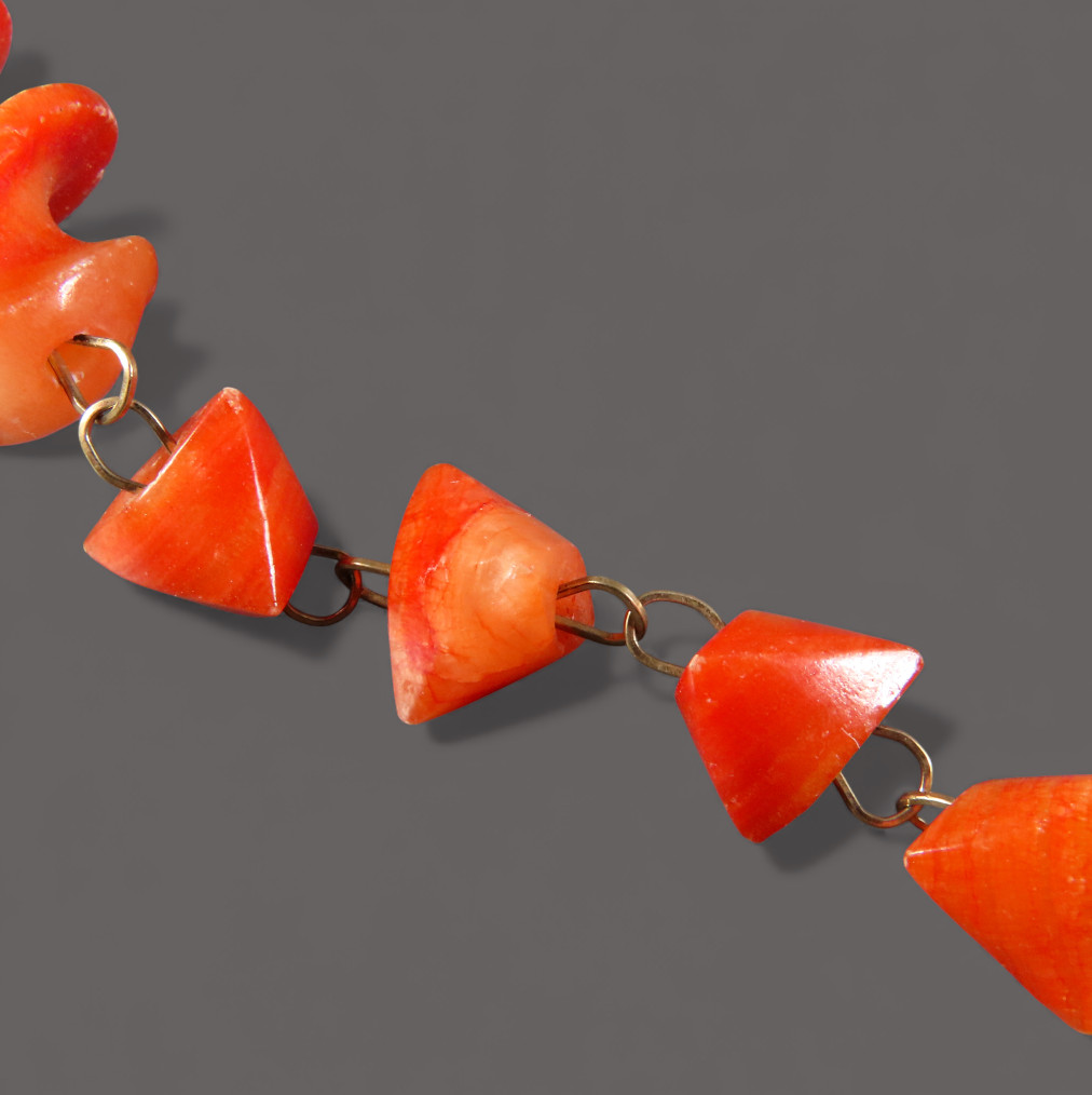 Vintage CARVED ORANGE CORAL NECKLACE Gold Filled BEADED TASSEL PENDANT Spirals