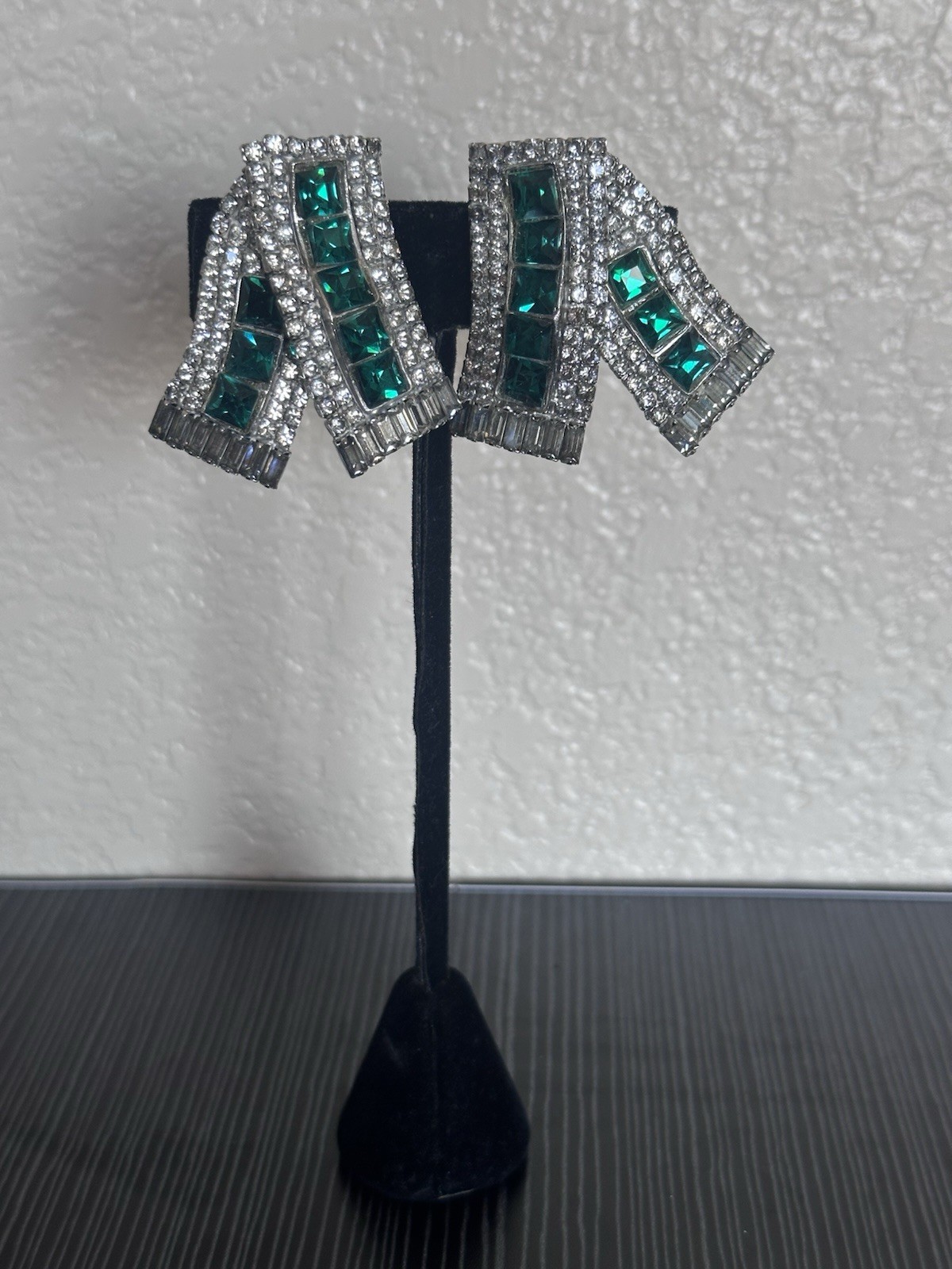 Vintage MMA Clip On Earrings W/ Ribbon-Fold Design + Emerald & Clear Rhinestones
