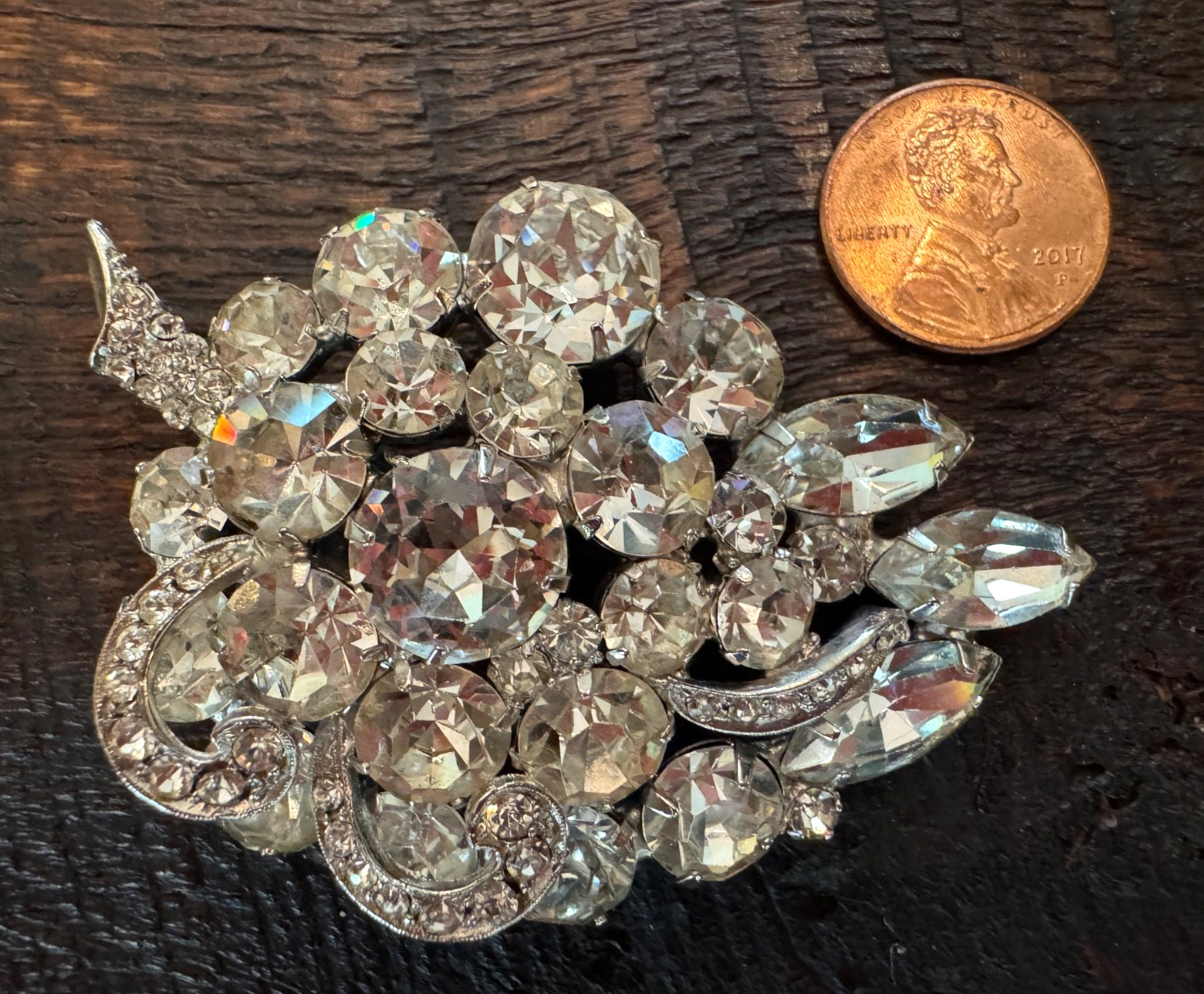 VTG Weiss Brooch Rhinestone Grapes Cluster Pin Silver Tone MCM 1950s 60s Costume