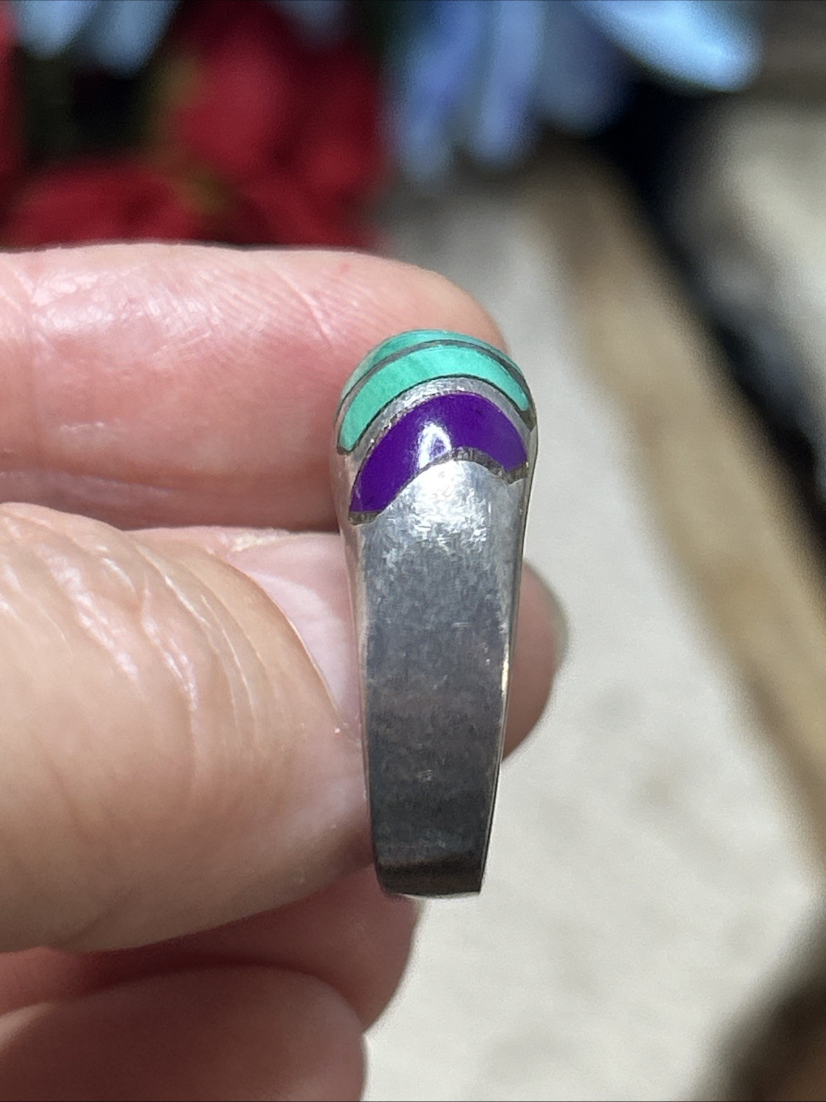 50. Vintage TAXCO Sterling 925 Green Purple Stone Inlay Ring 8.25s, 10.8g, Mex