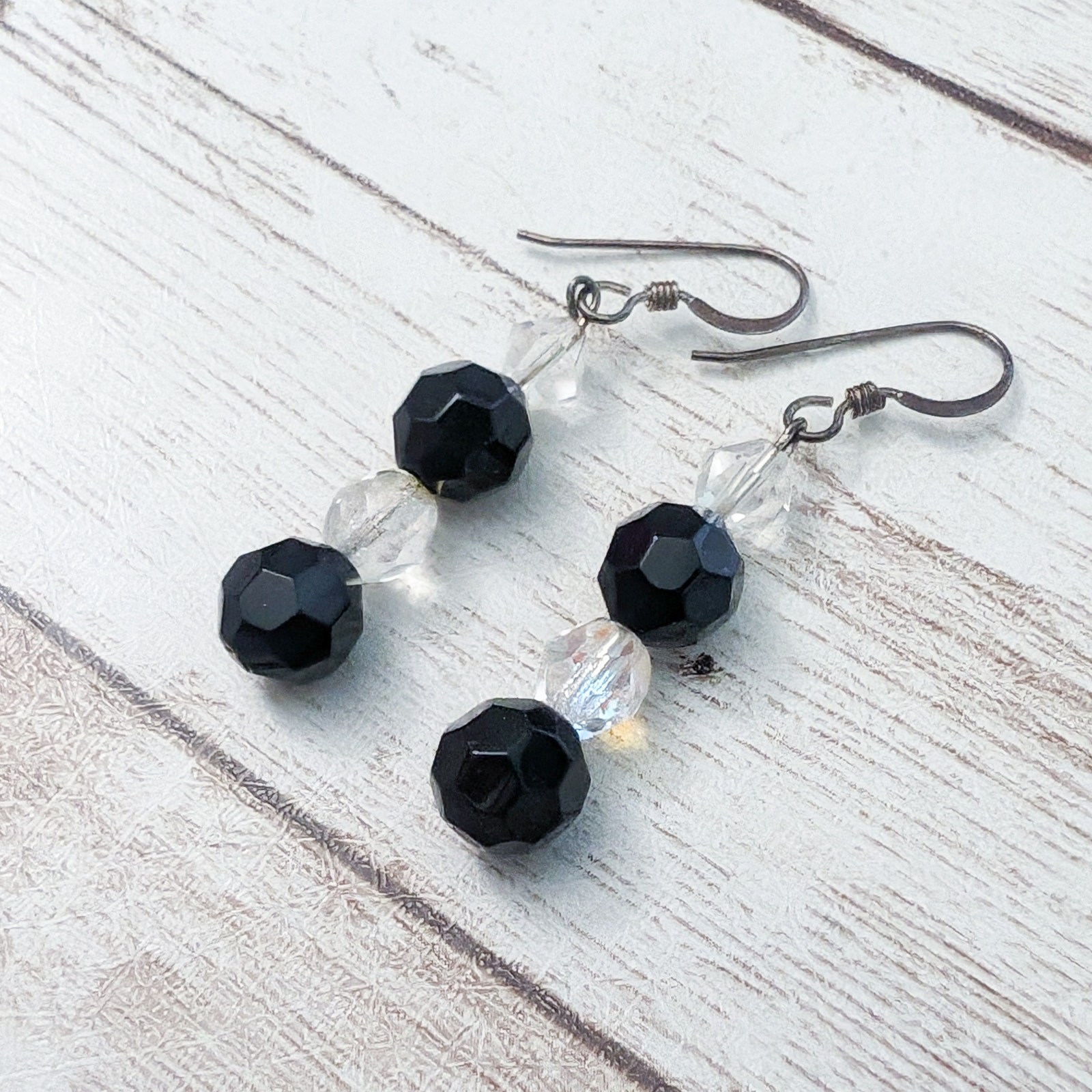 Vintage Earrings For Pierced Ears – Black & Clear Beaded Dangle