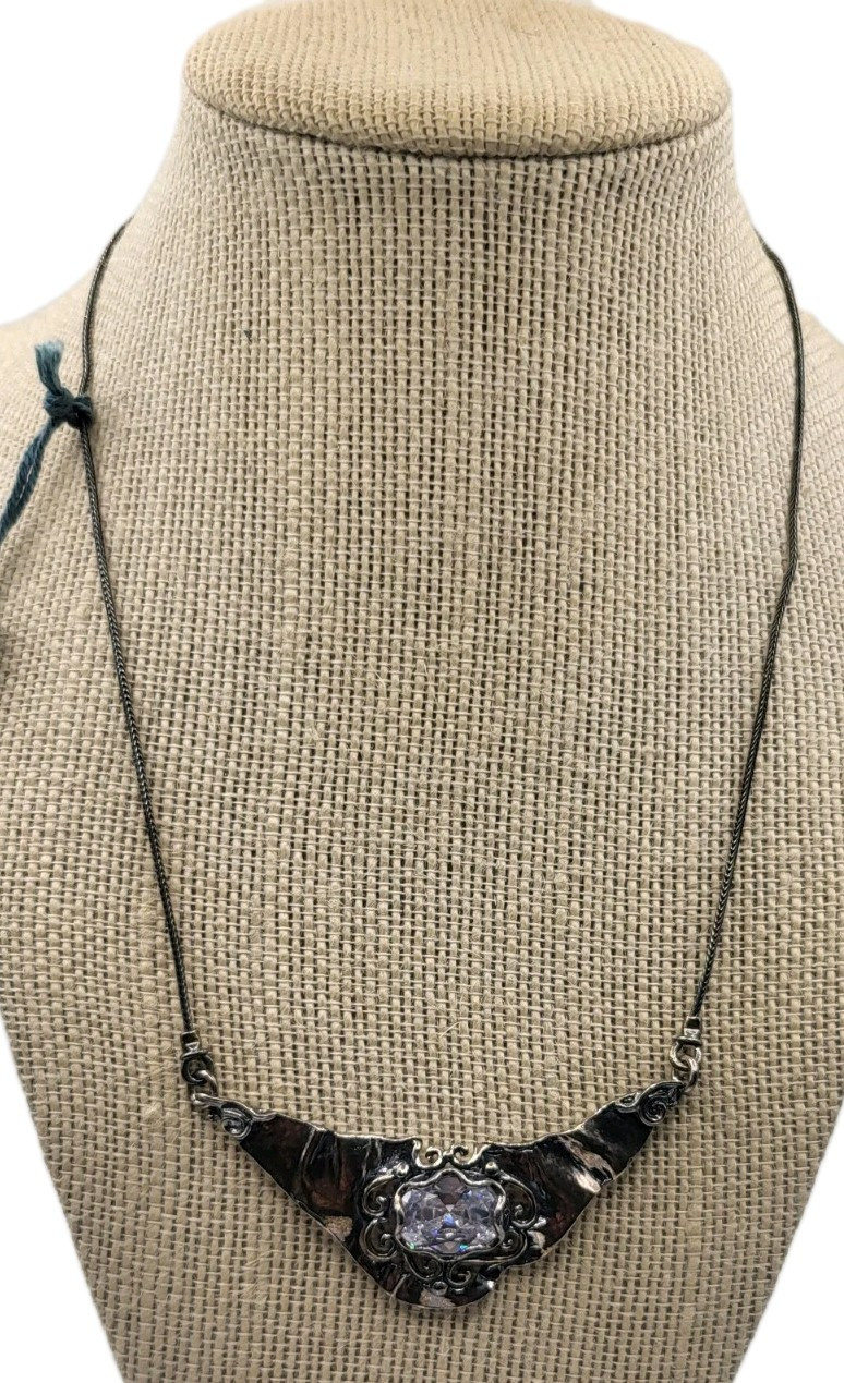 Vtg Signed Israel Didae Sterling Ornate Scroll Necklace Goshenite Beryl Gemstone