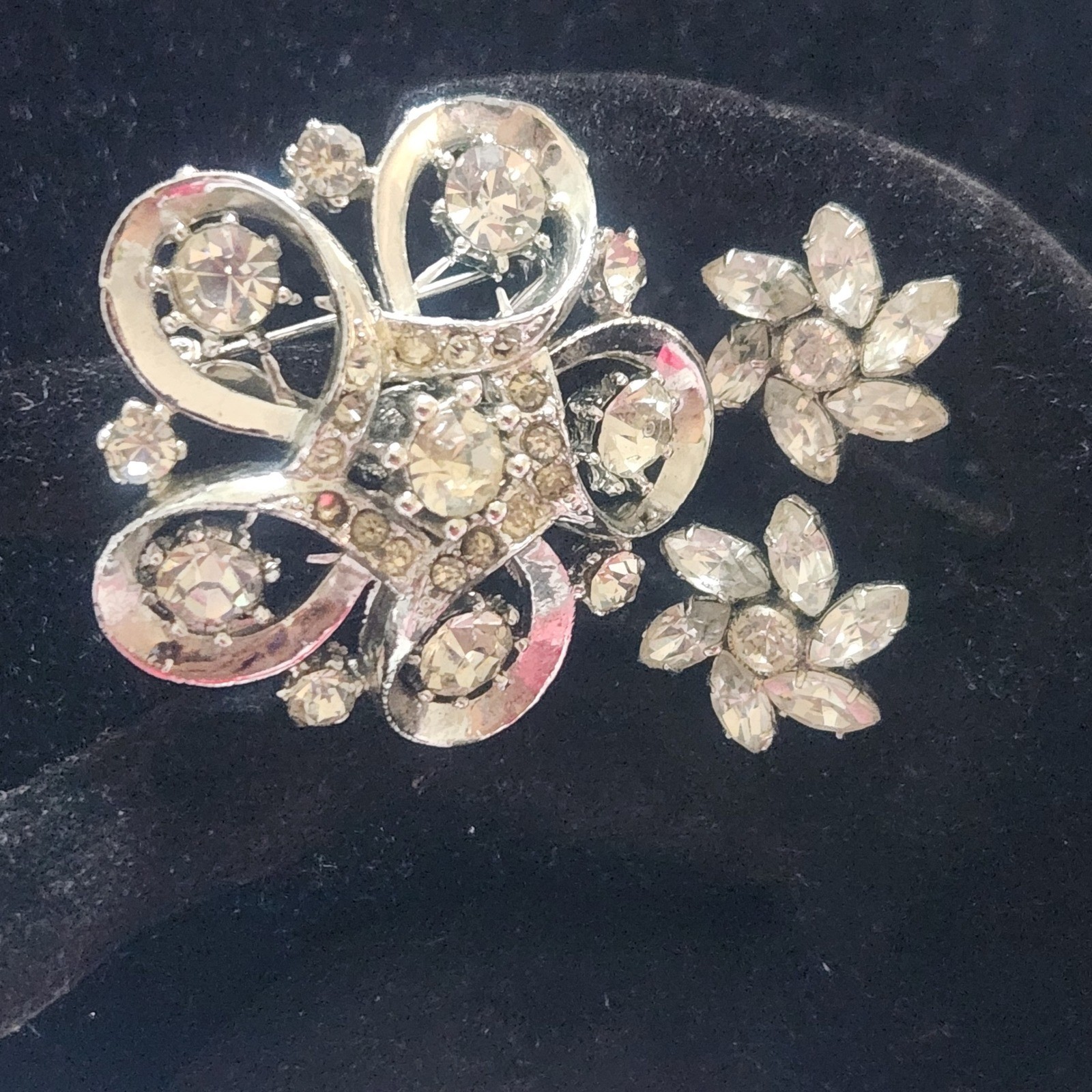 Vintage Rhinestone Brooch and Austria Clip On Earrings Set Silver Tone Floral
