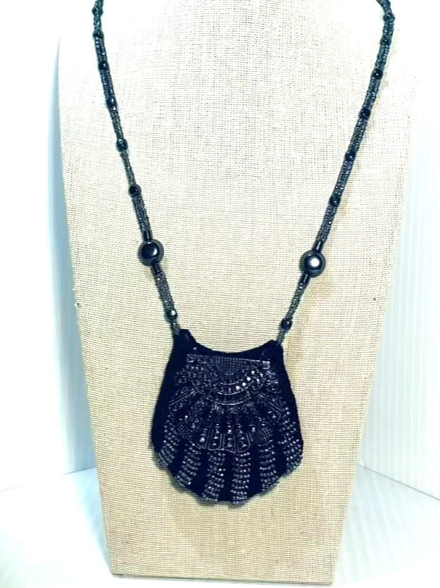 Miniature Beaded Purse Necklace Shell Shaped Black Gray Amulet Keepsake Holder