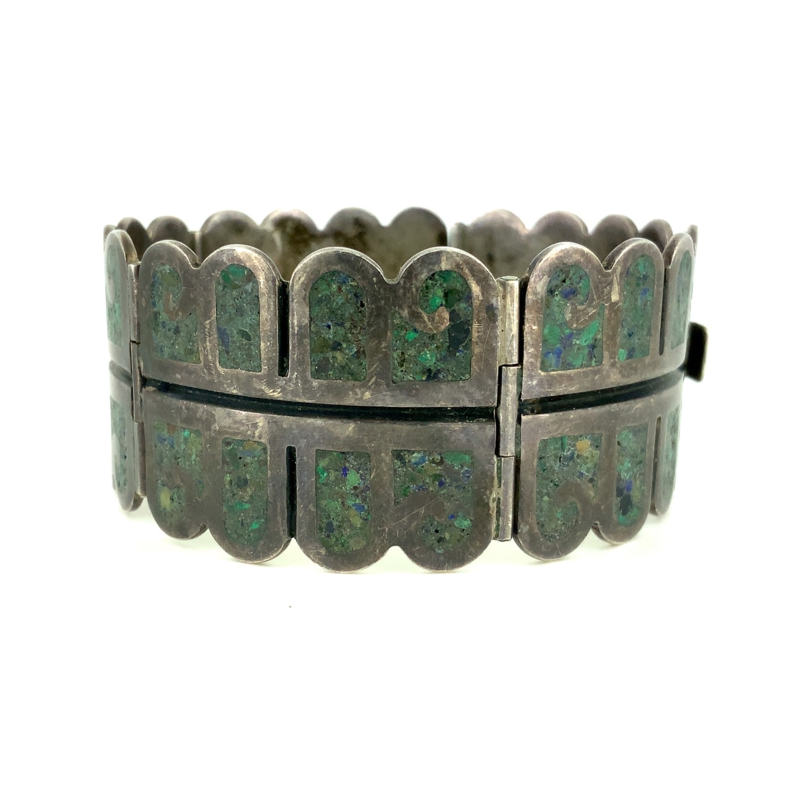 RQH Vintage Mexican Turquoise Chip Inlay, Sterling Silver Hinged Panel Bracelet
