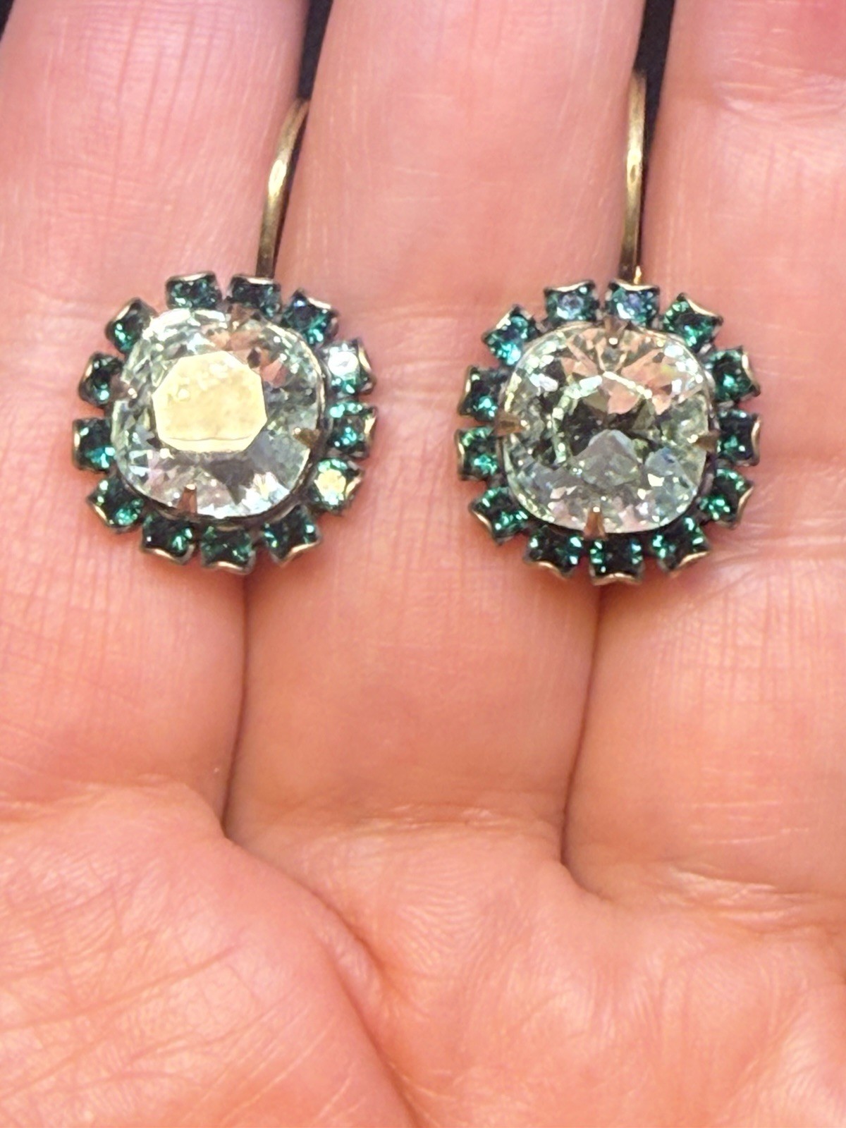 VTG LIZ PALACIOS EARRINGS LARGE lIGHT GREEN SMALL EMERALD CRYSTAL SIGNED BRASS