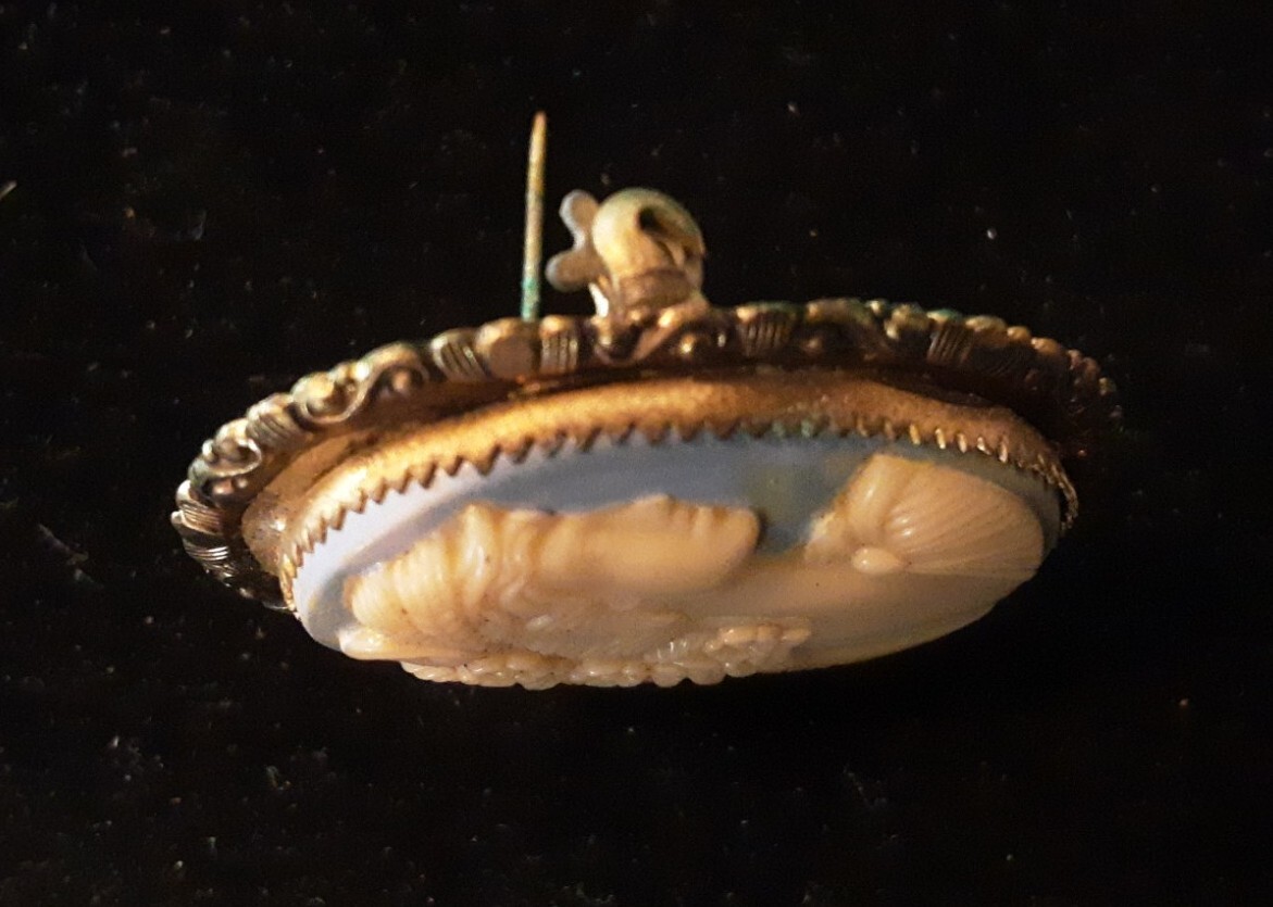 Gold Tone Blue Cream Female With Flowers In Her Hair Cameo Brooch Pin