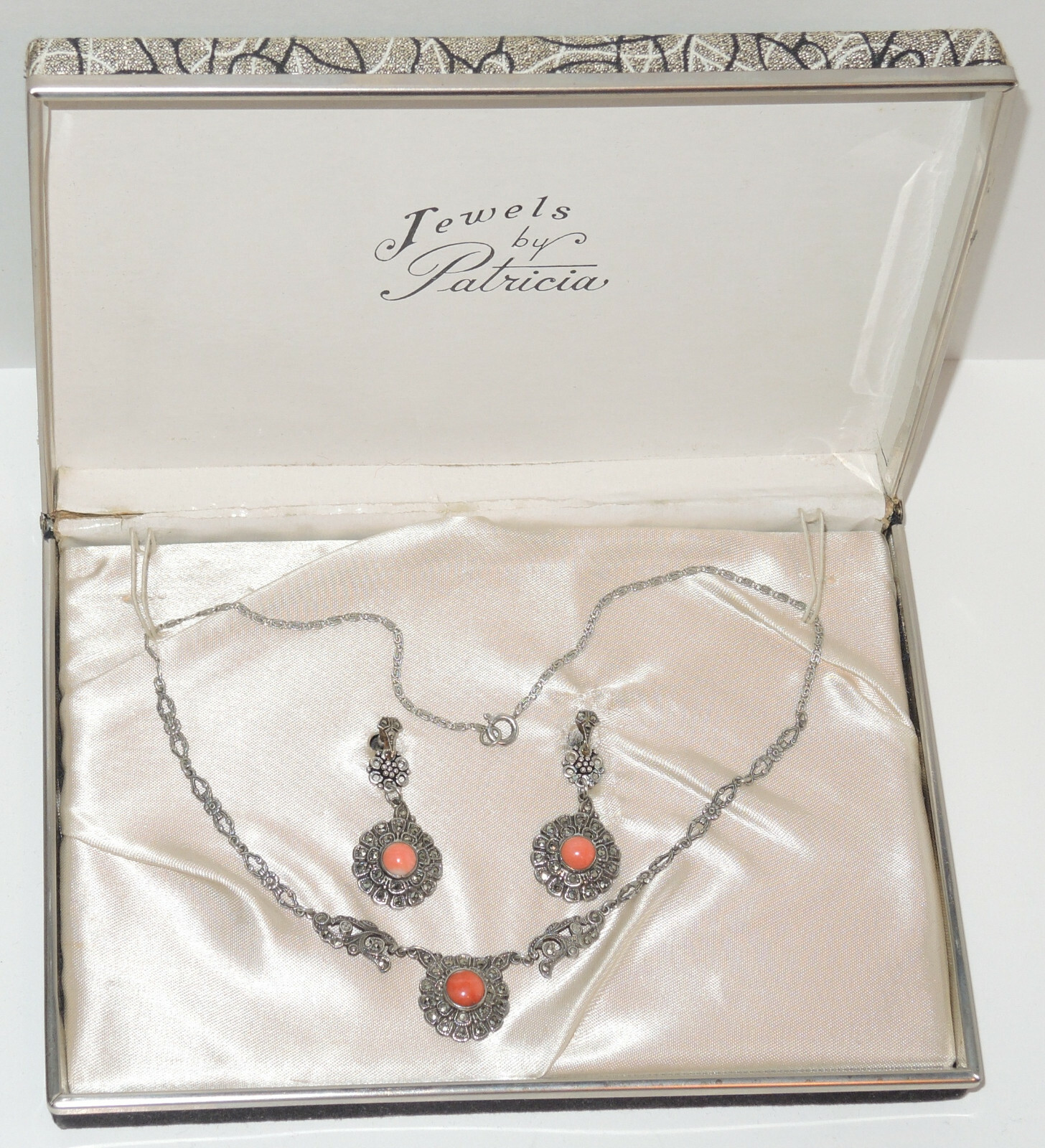 Art Deco Set Sterling Silver Germany Pendant & Earrings with Coral & Marcasites