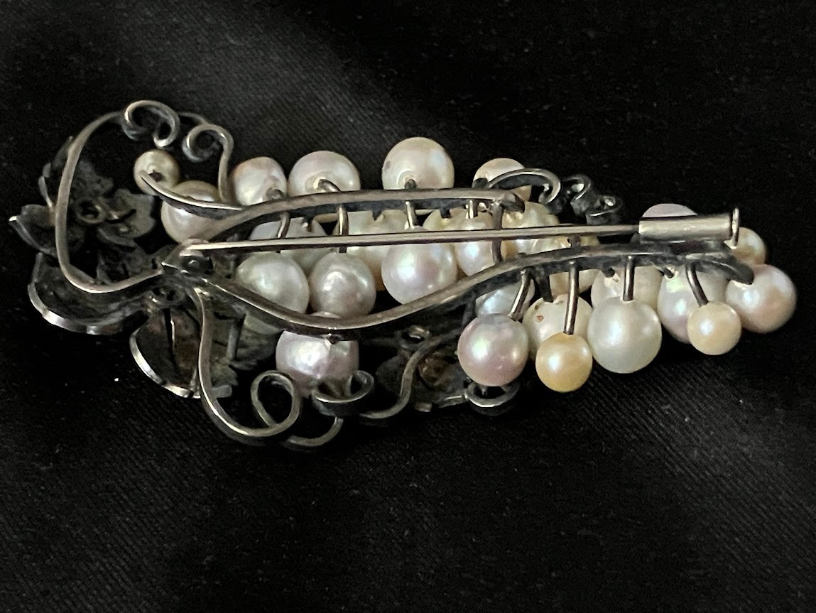 Vintage Sterling Silver Pearl Brooch 27 Multicolor Grape Vine Cluster 20g Tested