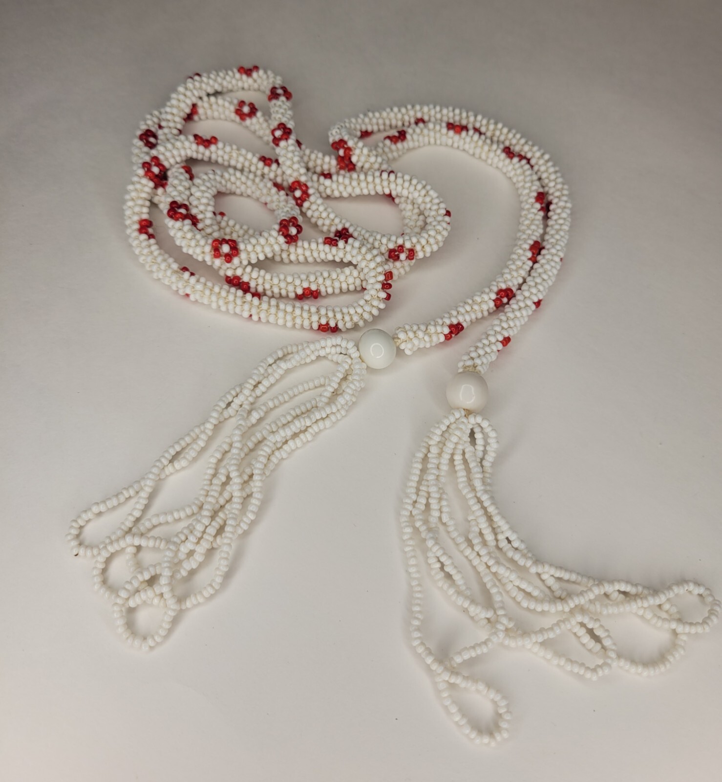 Vintage Antique Heavy Red White Floral Glass Sead Beads Tassels Flapper Necklace