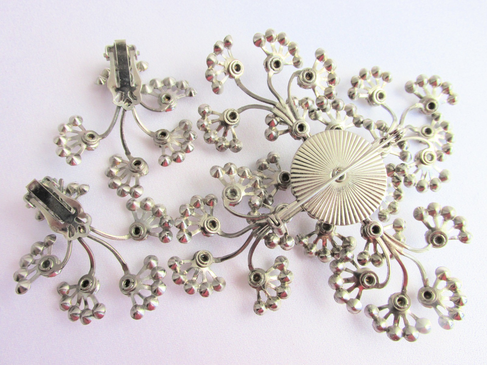 Vintage Explosion of Black & Clear Rhinestones 3.5″ Pin Earring Set Tiered 3D