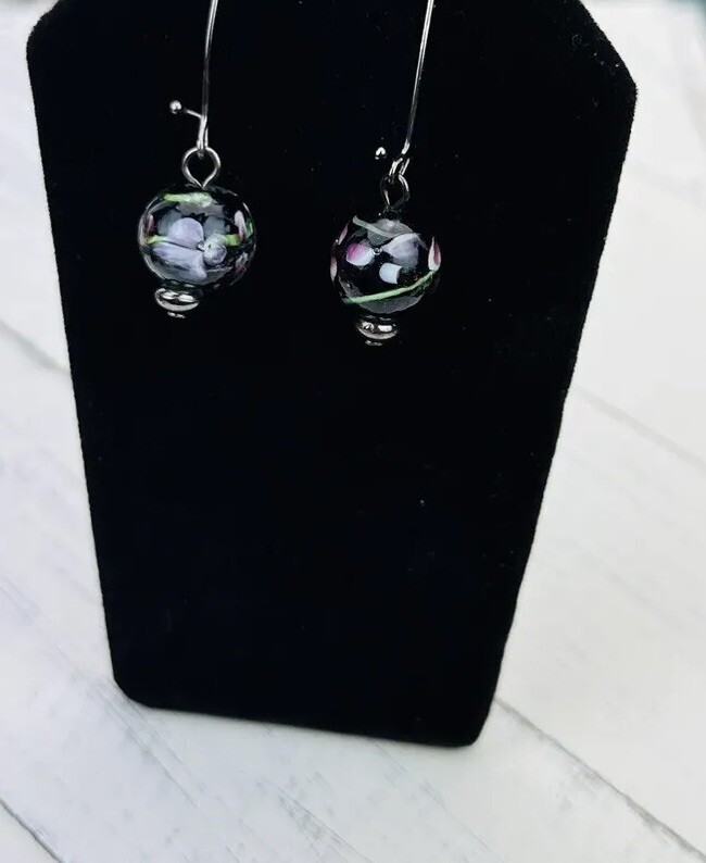 Vintage Venetian Murano Glass Black Flower Ball Dangle Earrings