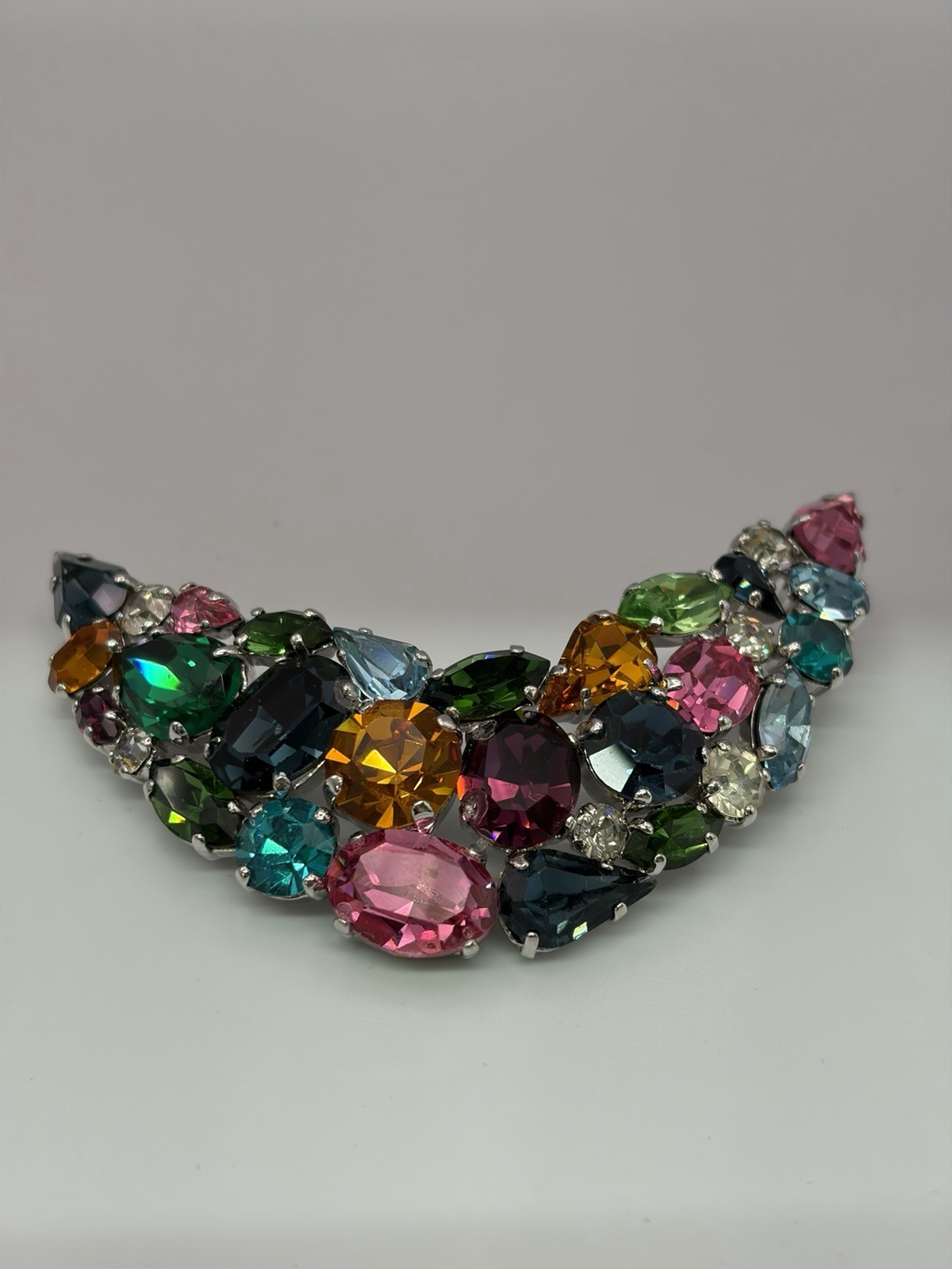 Lg Vintage Austrian Crystal 70s Brooch Brilliant Sparkling Multicolour & Shapes
