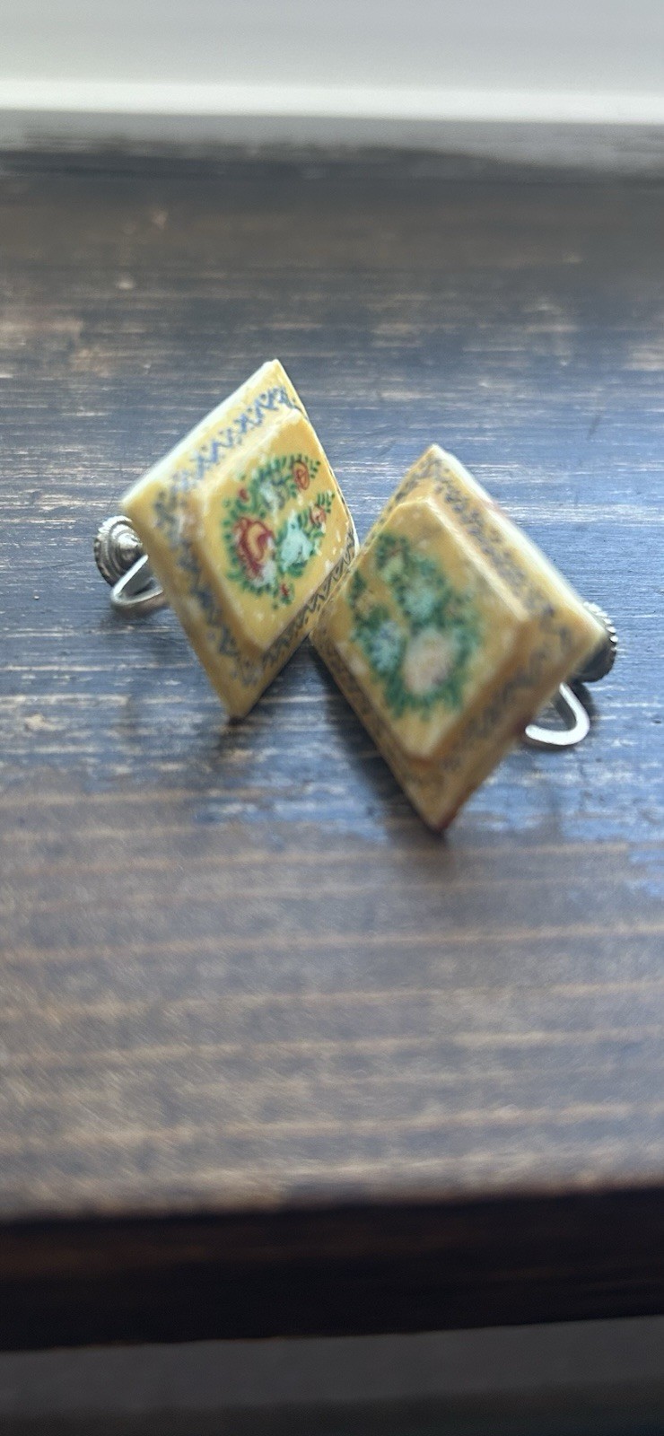 Vintage Persian-style hand-painted bone tile earrings 1930’s-1950’s