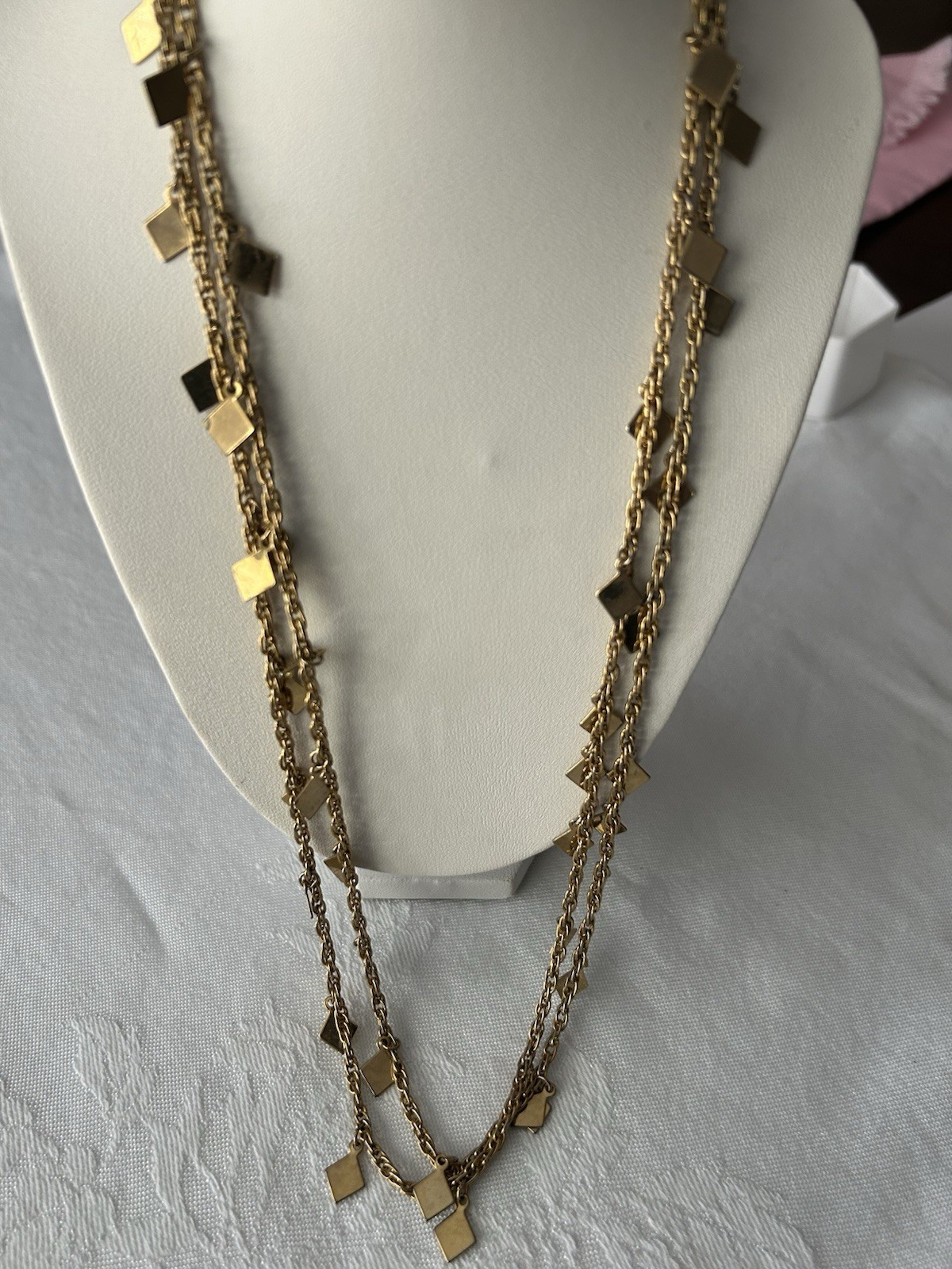 Vintage Gold Tone Station Necklace Dangle Square Charm Long Layering Necklace