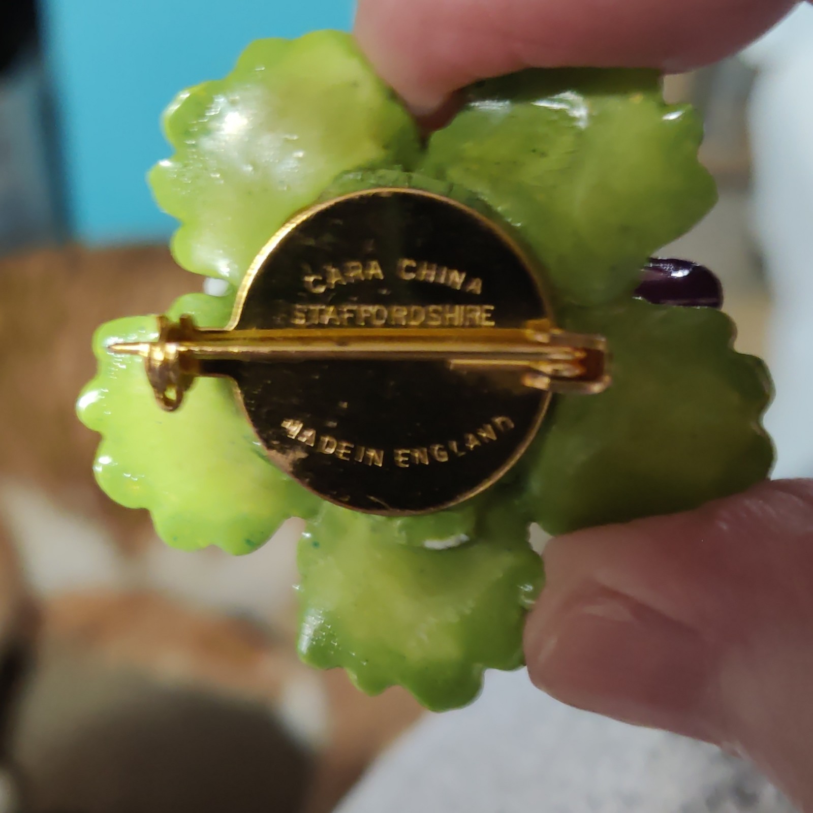 Cara China Porcelain Flower Brooch Pin Green Purple Cream Made in England