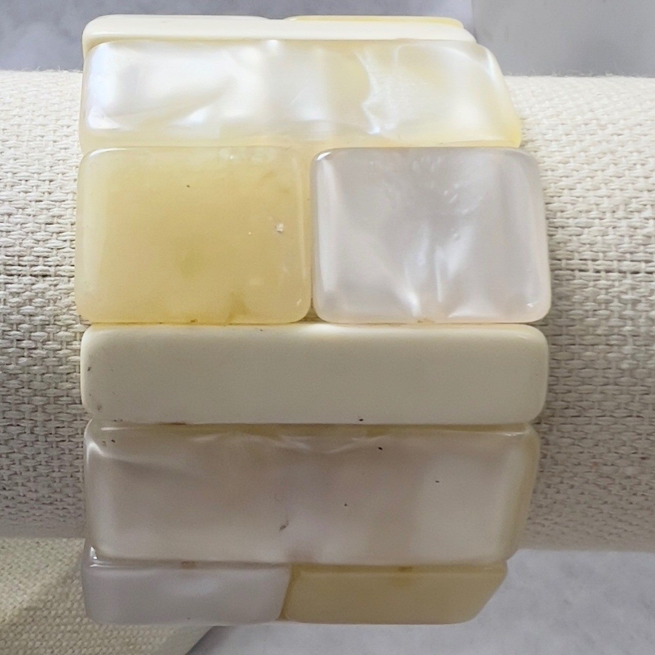 Stretch Beaded Cuff Bracelet Cream Yellow Lucite? Rectangular Beads Vintage