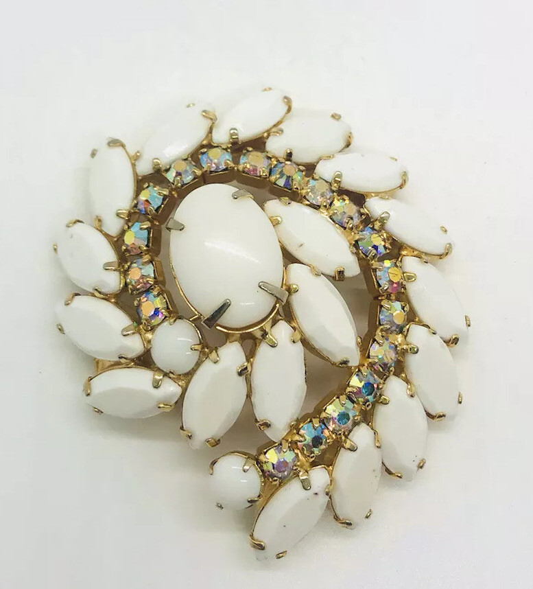 Juliana Delizza & Elster Large White & AB Rhinestone Brooch Vintage Jewelry