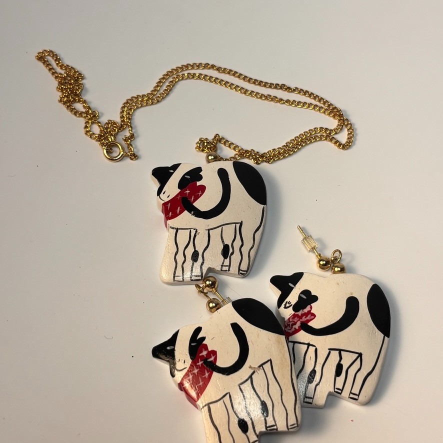 Vintage Necklace Earrings Hand Painted Cow Chunky Huge