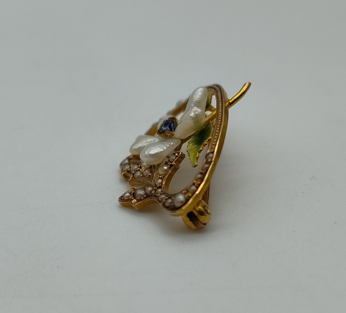 Antique Flower Pearl Blue Stone 10K Yellow Gold Green Enamel Brooch Pin Lapel