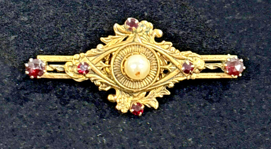 Original By Robert Pin Brooch w/ Faux Pearls Faux Garnet / Ruby Prong Set 2″