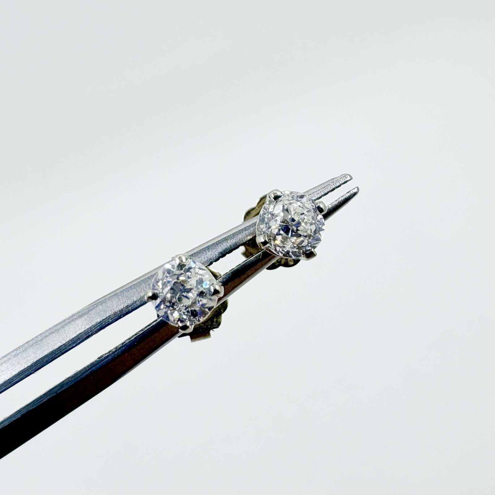 Vintage Estate Old European Cut Natural Diamond Stud Earrings in 14k White Gold
