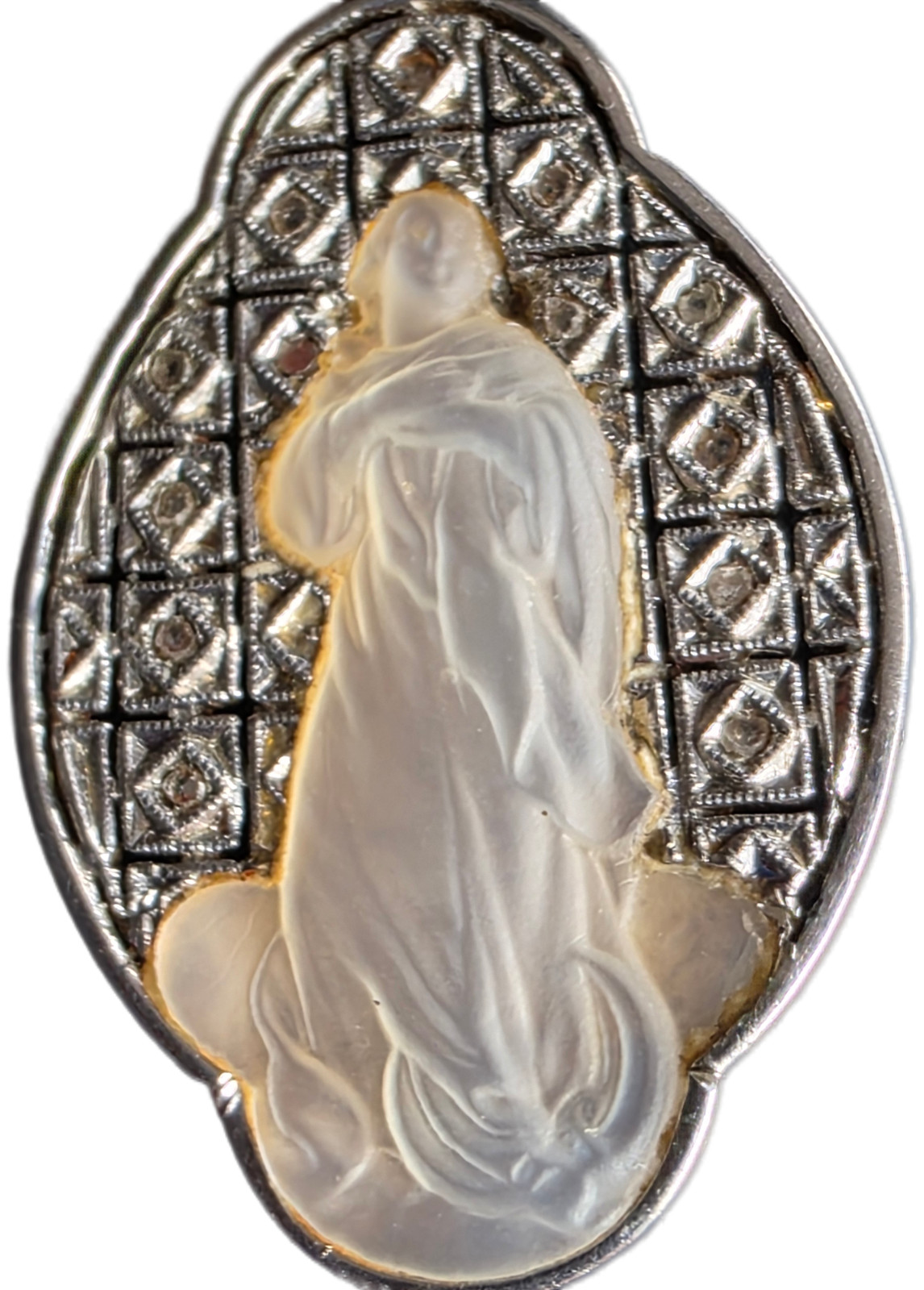 Antique 18k Gold Virgin Mary Medal – Real Diamonds & Mother of Pearl