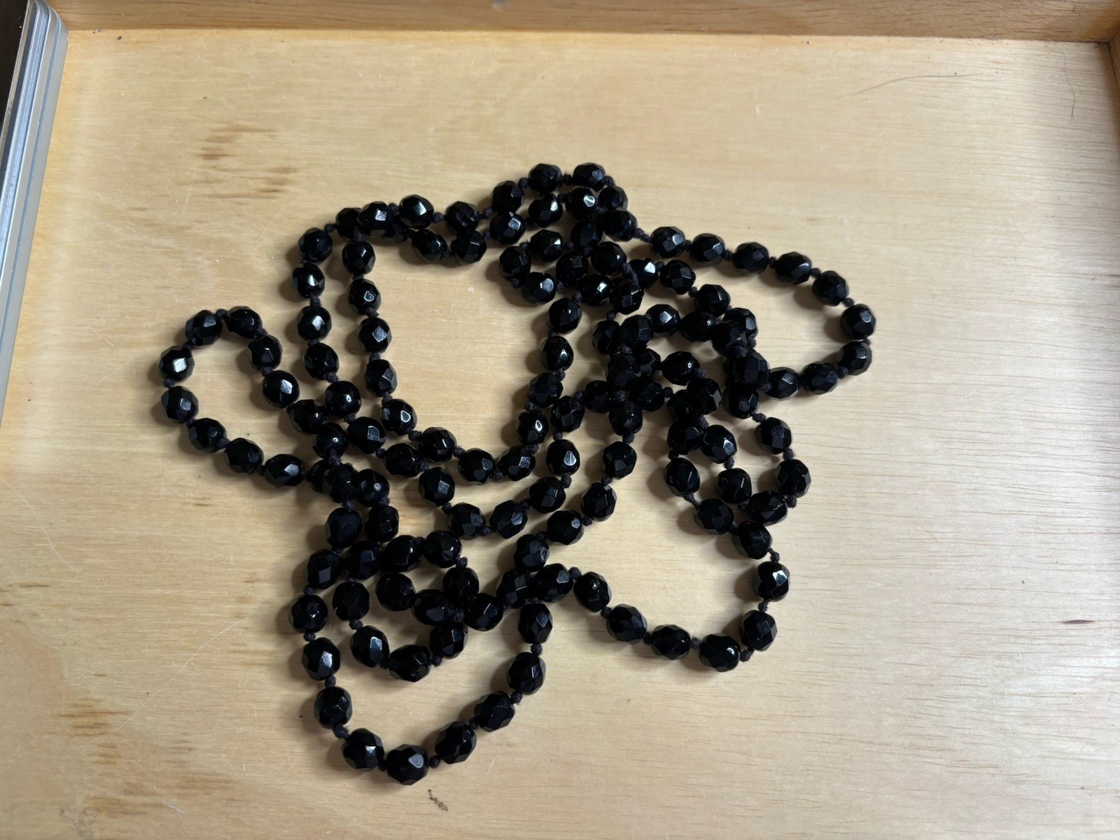 Vintage Necklace Jet Black Facet Cut Glass Bead Hand Knot Long Mourning Flapper