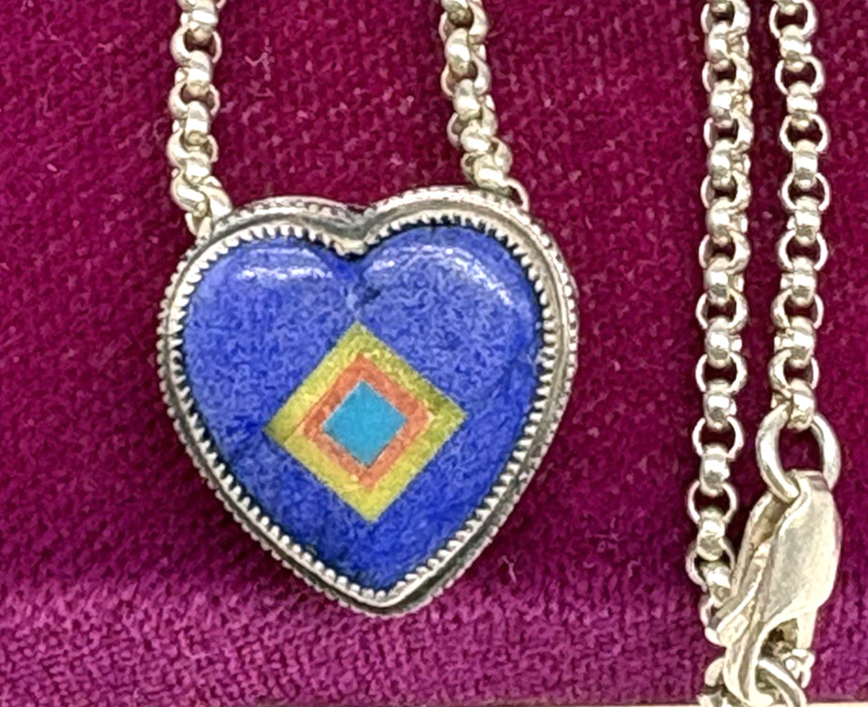 Aldrich Art Jewelry Necklace Blue Purple Heart Inlay Sterling Silver Vintage 18″