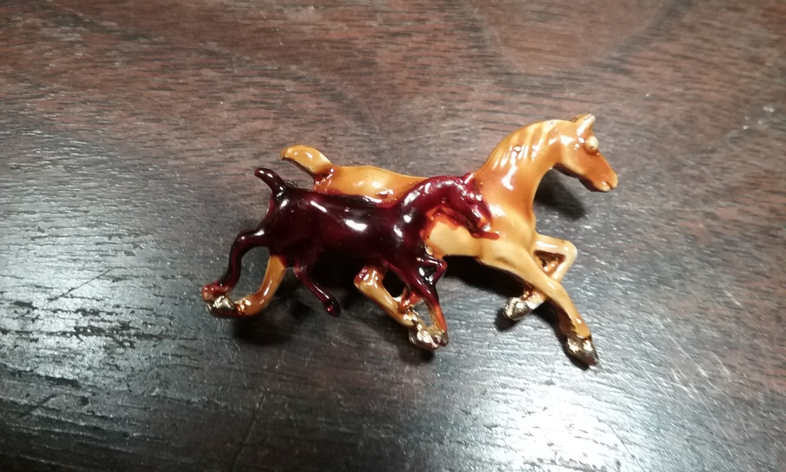 Vintage Enamel Mother & Foal Horses Equestrian Brooch
