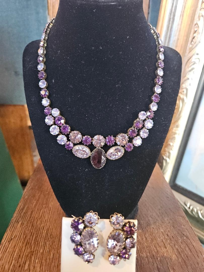 Lavender Purple and Blue Vendome Necklace and Earrings Set 1950s