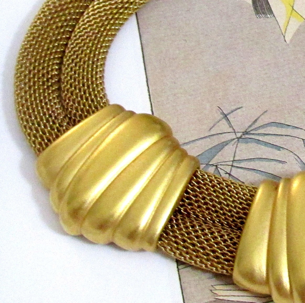 Vtg Runway MONET Double Mesh Chain Satin Gilt Station Modernist Necklace Weighty