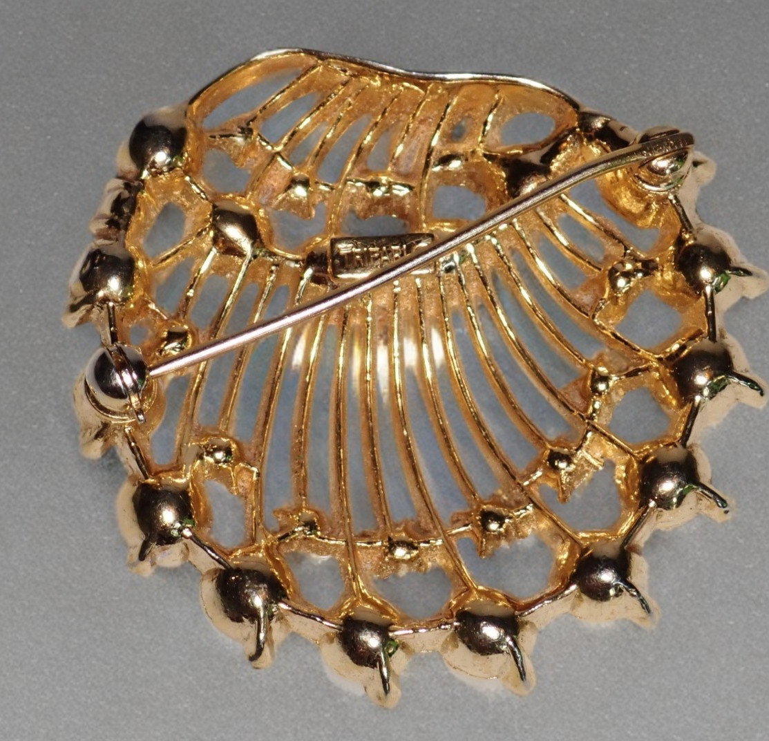 Crown Trifari Brooch with Faux Pearl & Rhinestone Accents Seahell Signed Pin