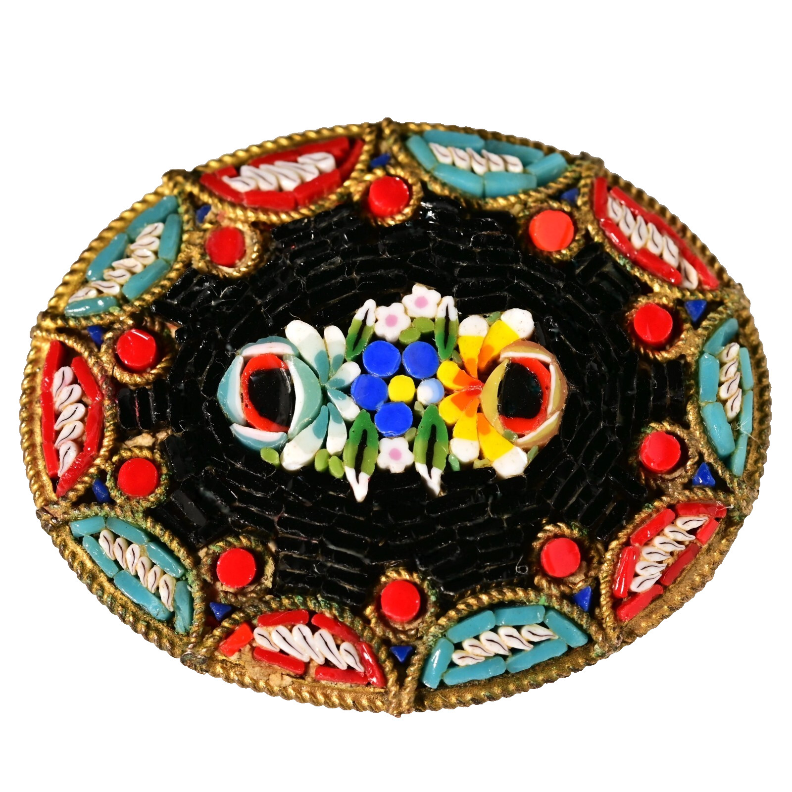 Antique Original Vintage Murano Glass Micro Mosaic Venetian Estate Brooch Pin