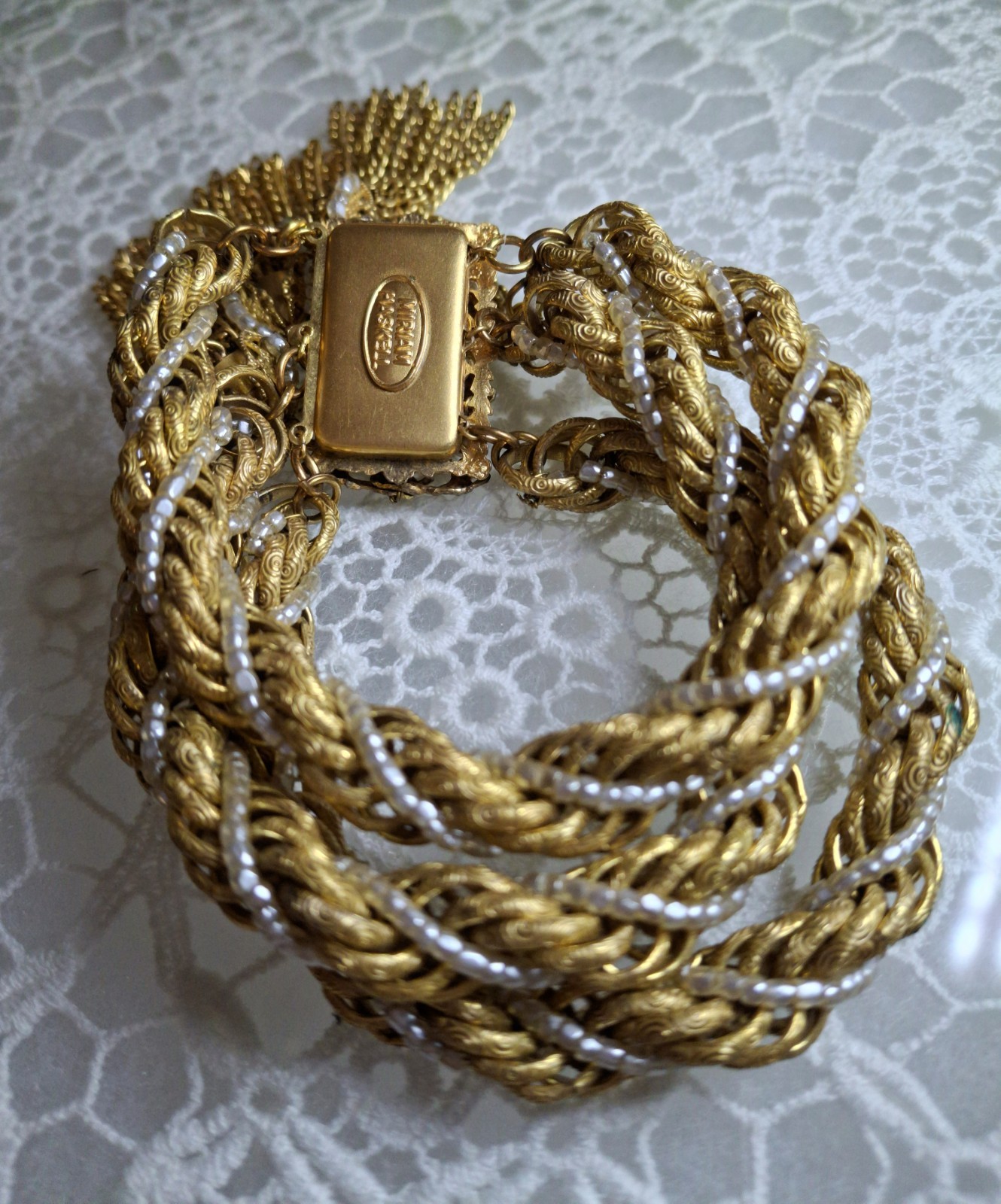 Frilly Miriam Haskell Russian Gold Chain & Seed Pearl Tassel Bracelet