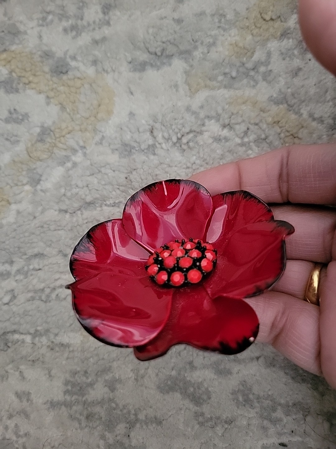 VNTG Large Bright Red Poppy Flower Brooch Black Border & Red Beads Center 2.5