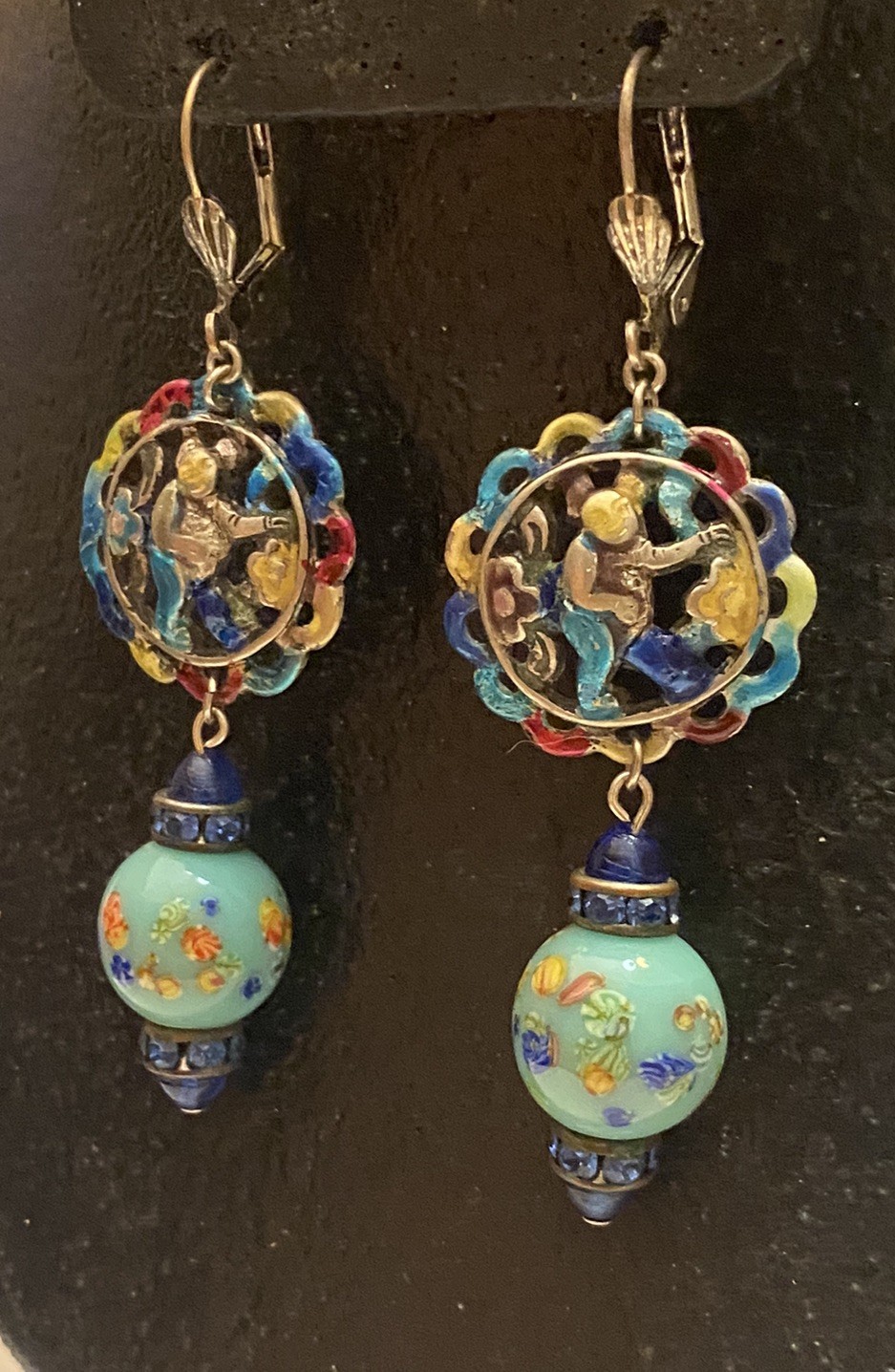 Vintage Asian Themed Colorful Ronde Bosse Enamel Art Glass Rhinestone Earrings