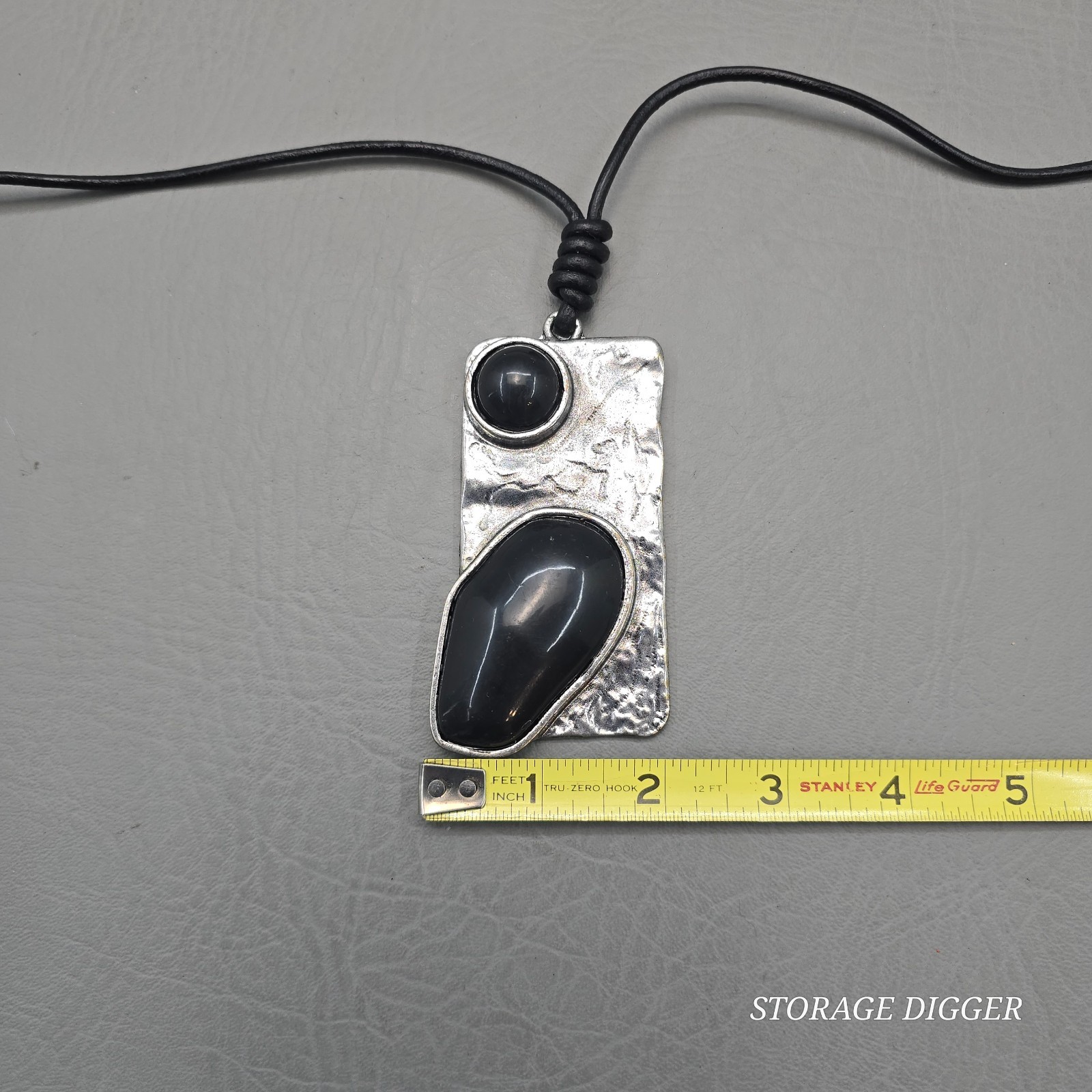 Vintage Silver Tone Metal with Black Onyx Pendant on Cord Necklace 31″ Long