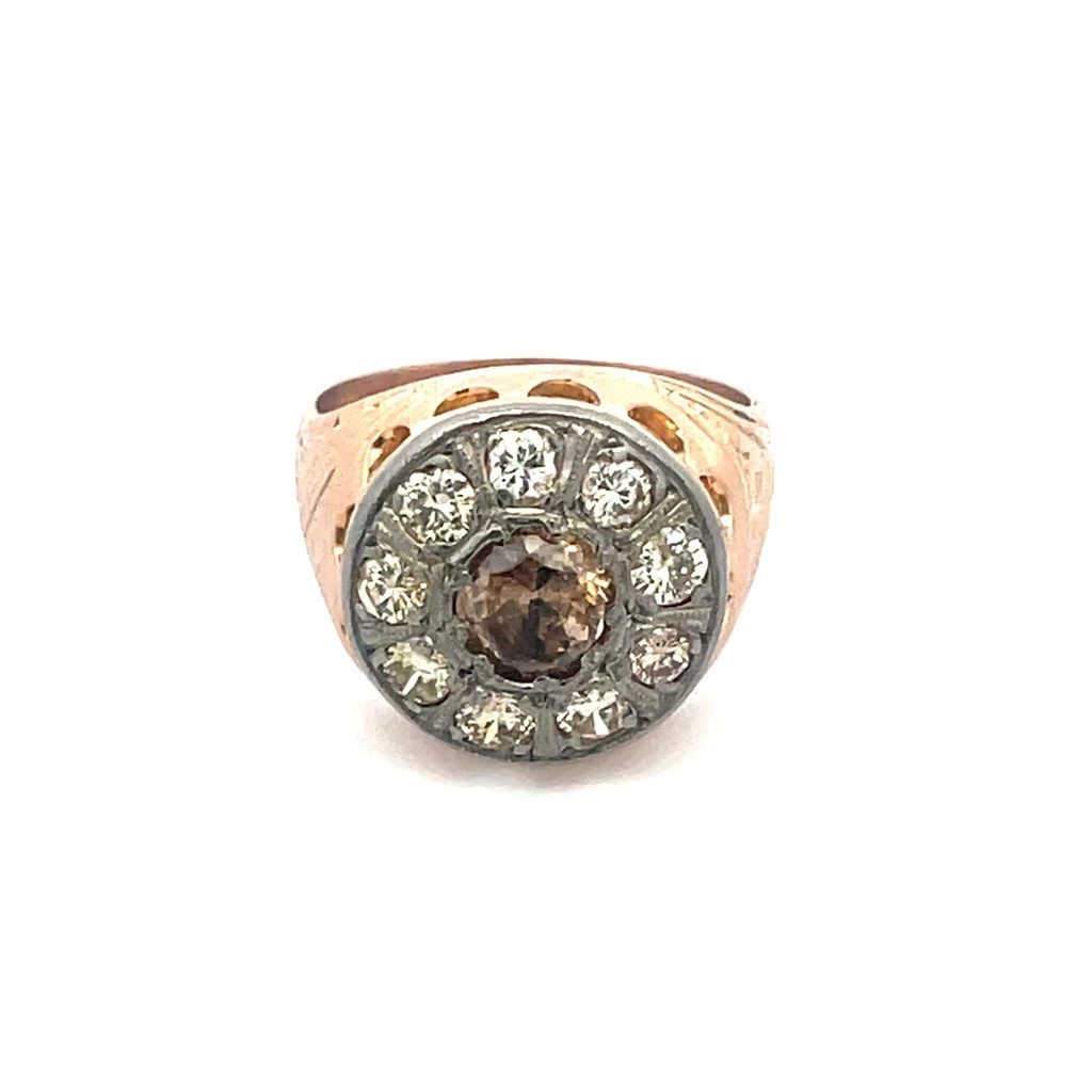 Diamond Gold Vintage Men’s Ring 17k Two Tone Champagne White 2.10ct Round Top