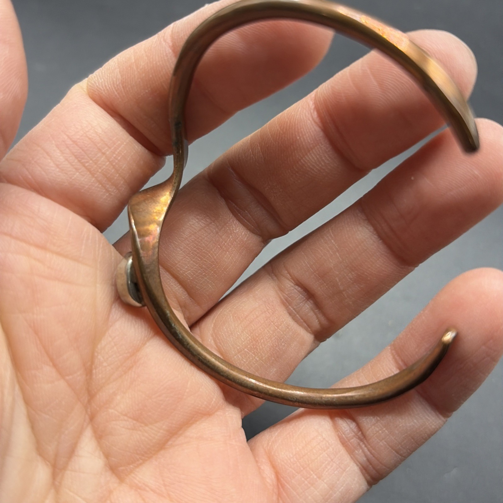 Vintage Copper Brass Turquoise Bracelet Cuff 2.5”W Wave Southwest Skeets Signed