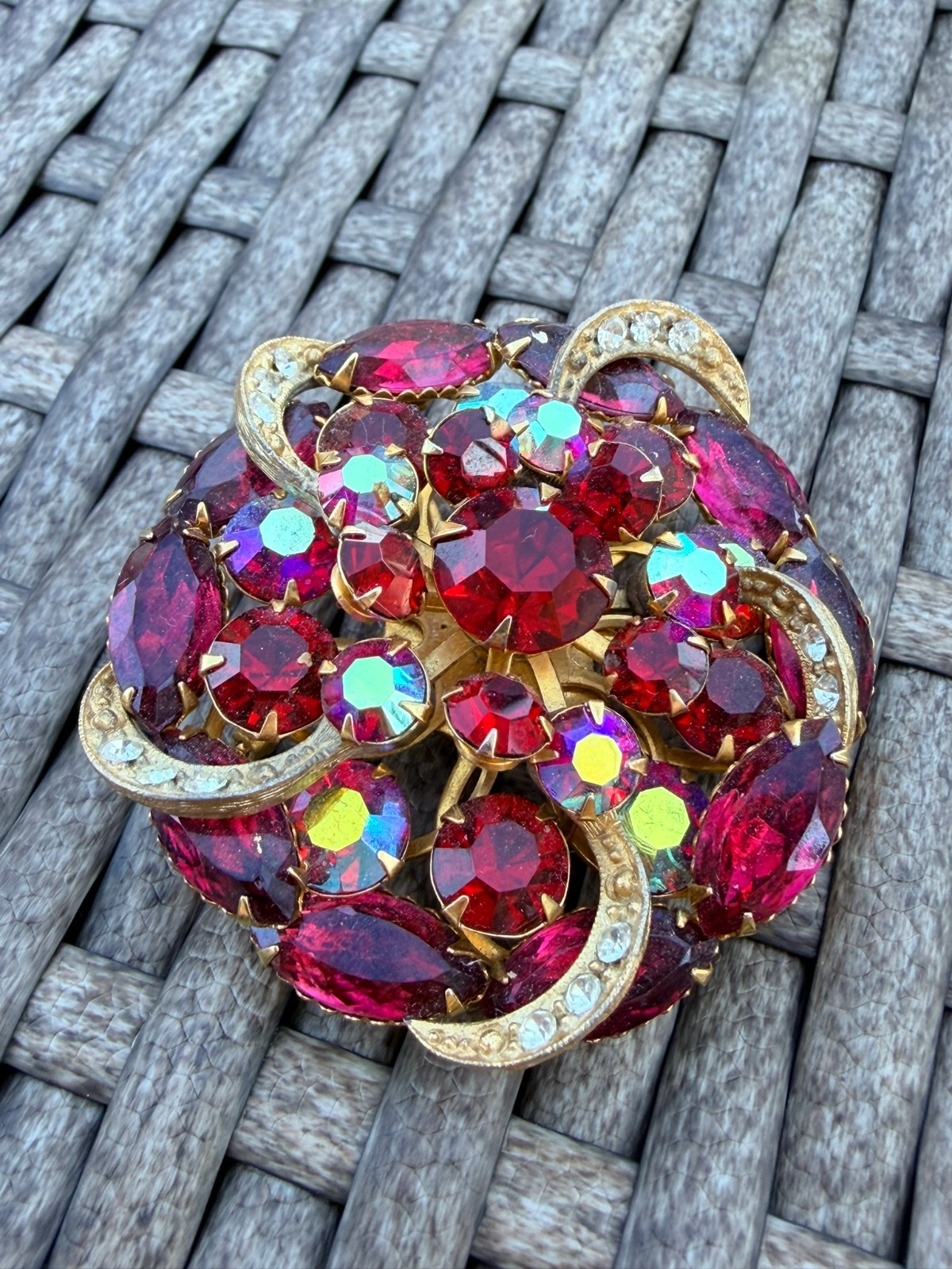 Vintage Ruby Red Fuchsia Navette Rhinestone Domed Brooch Pin Gold Tone AB Accent