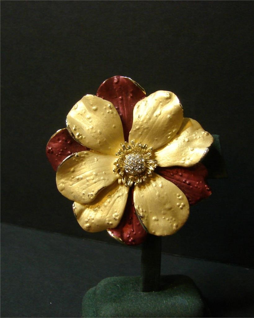 Vintage Maroon & Gold Enamel Textured Finish Flower W Rhinestone Center Pin Boo