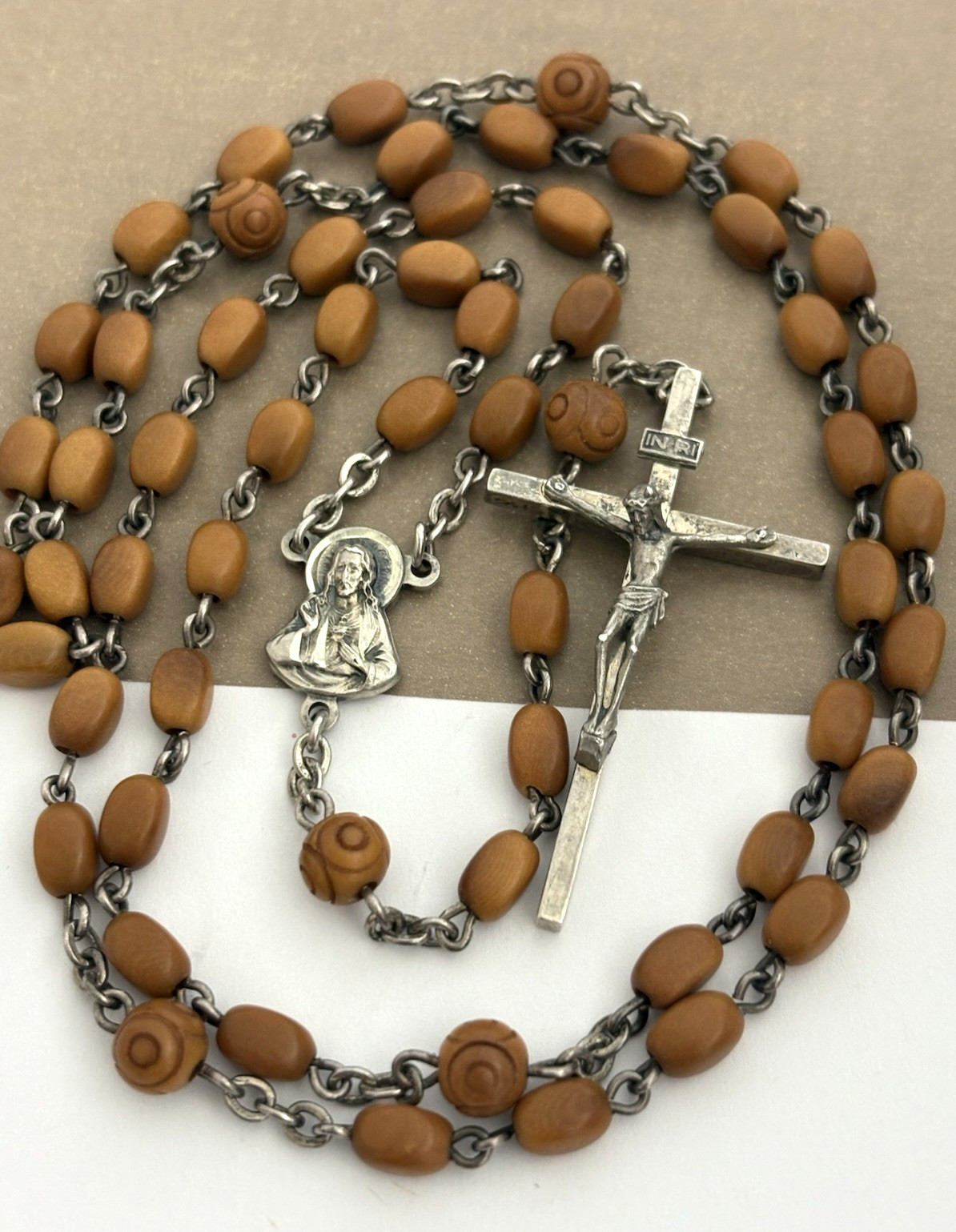 Antique Vintage Sterling Silver 925 ITALY Catholic Rosary Carved Beads Necklace