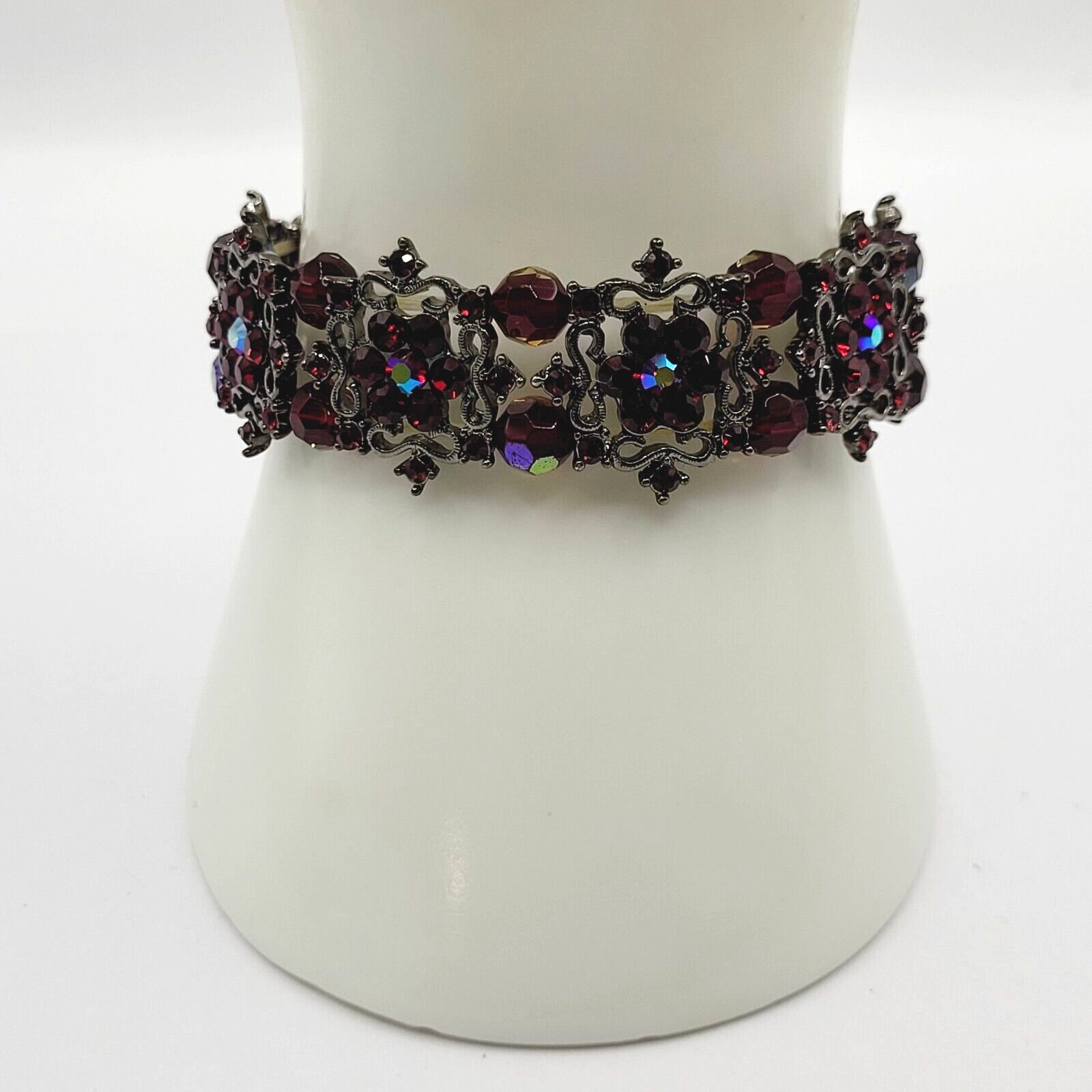 Red AB Crystal Sparkle Flower Floral Metal Ornate Fancy Event Stretch Bracelet